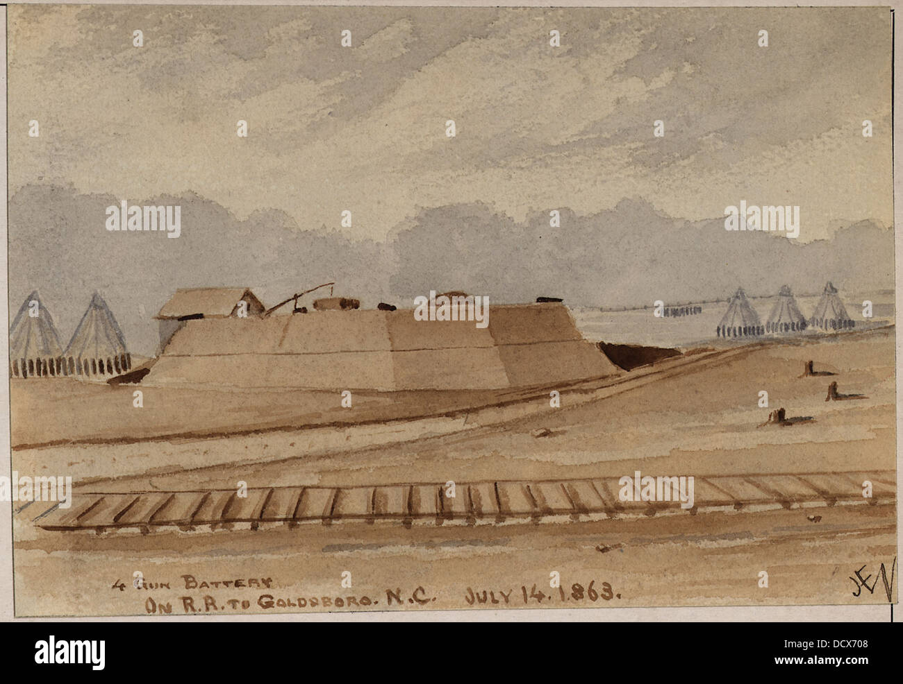 Eine Batterie mit vier Kanonen entlang der Eisenbahnstrecke nach Goldsboro, North Carolina. Diese militärische Anlage war Teil der Verteidigungsinfrastruktur während des Bürgerkriegs und diente zum Schutz strategischer Transportwege. Stockfoto