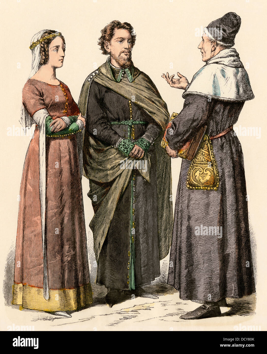 Mittelklasse europäischen Paar und ein Gelehrter in den 1300er Jahren. Hand-farbig drucken Stockfoto