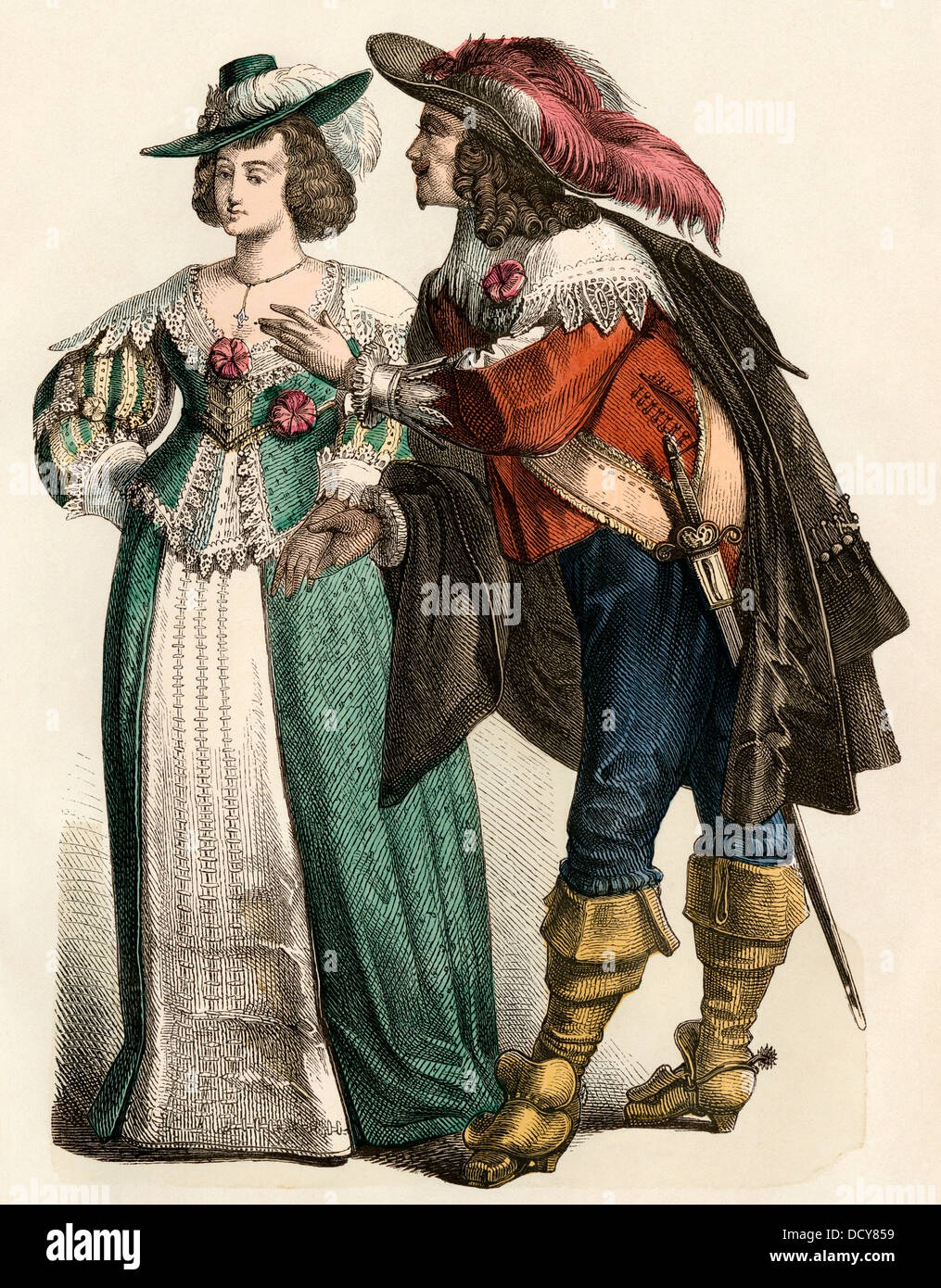 Modische deutsches Ehepaar von 1600. Hand-farbig drucken Stockfoto