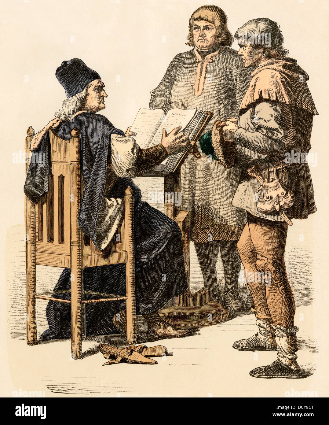 Mittelalterliche Bauer brachte vor einem Richter. Hand-farbig drucken Stockfoto