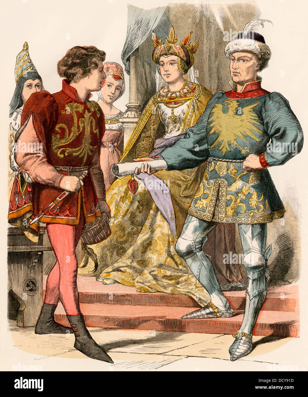 Burgundischen Adel in den späten 1400er Jahren. Hand-farbig drucken Stockfoto