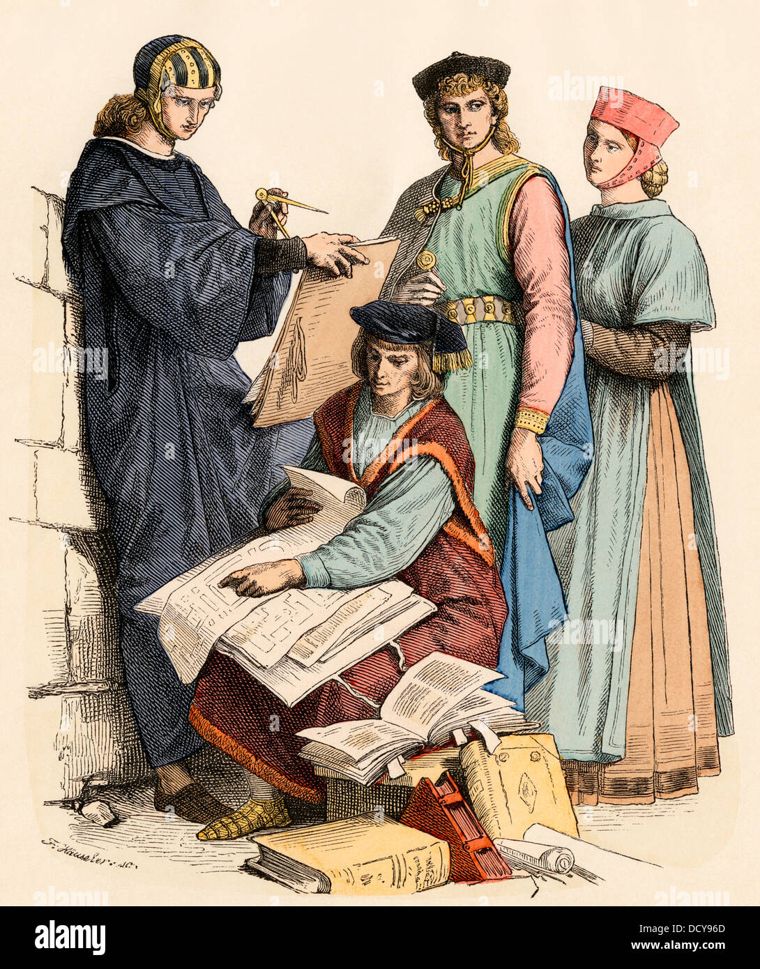 Italienische Wissenschaftler und Künstler im 13. Jahrhundert. Hand-farbig drucken Stockfoto