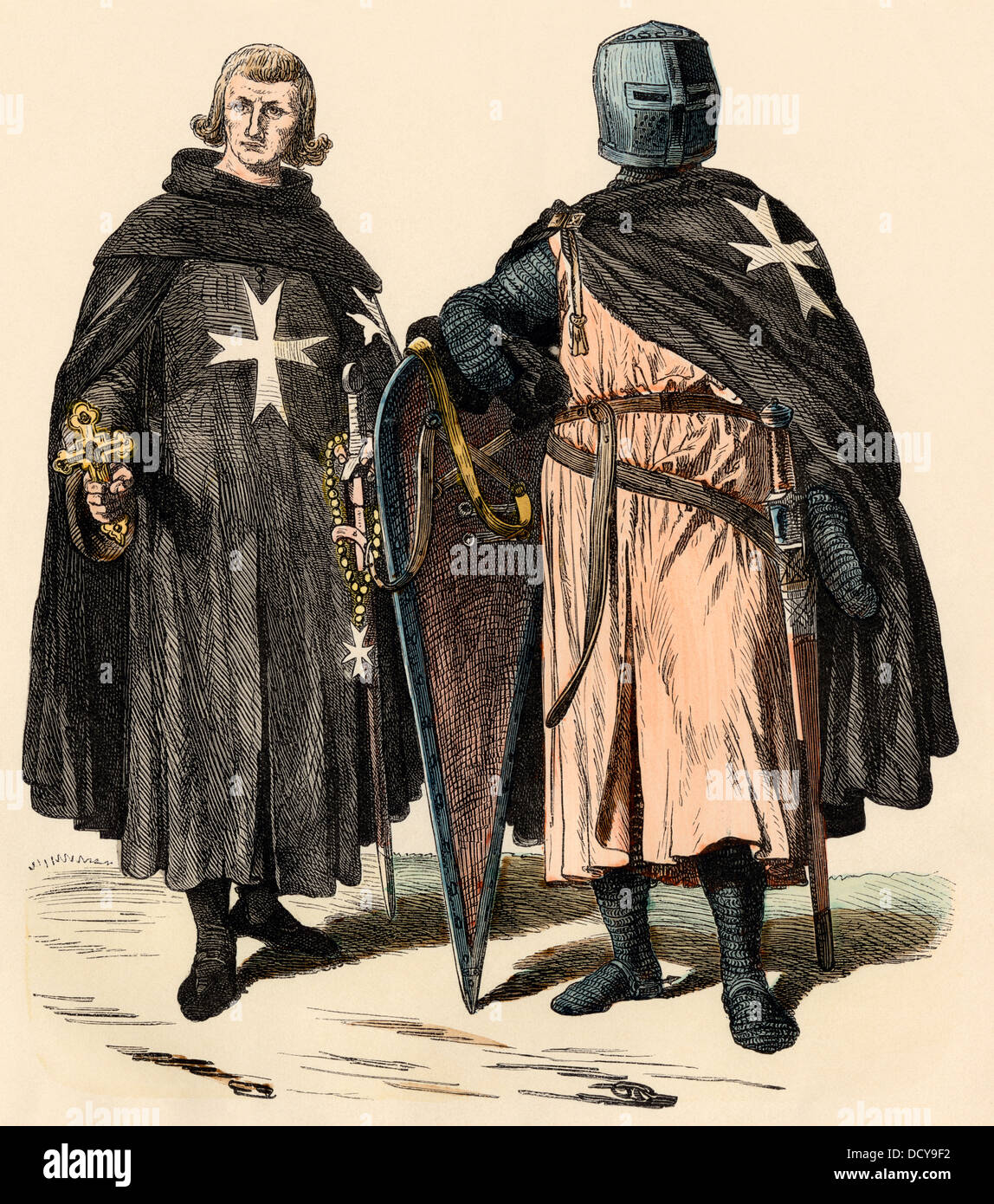 Ritter Johanniter während der Kreuzzüge, später als Ritter von Malta bekannt. Hand-farbig drucken Stockfoto