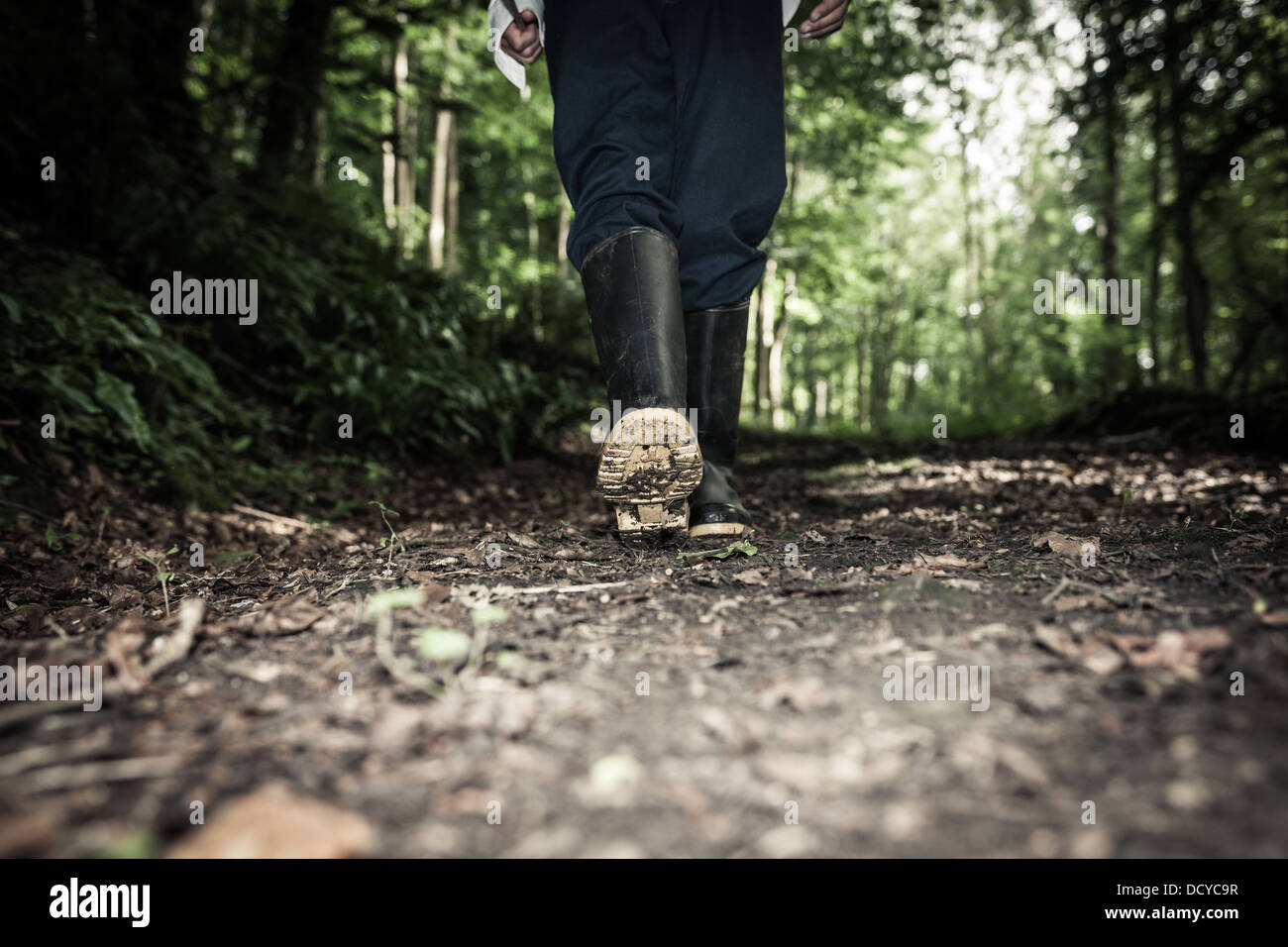 Kleines Kind, das wellington-stiefel trägt und im Wald spazieren geht Stockfoto