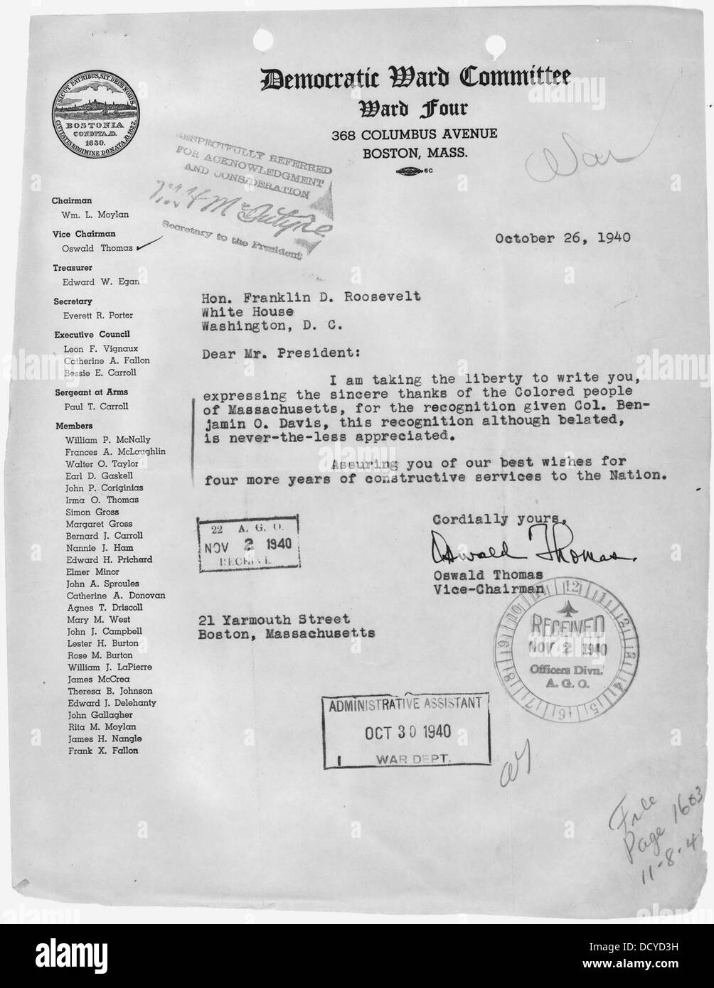 Dieser Brief von Oswald Thomas, stellvertretender Vorsitzender des Ward Four Democratic Committee in Boston, wurde an Präsident Franklin D. Roosevelt geschickt, der die politische Korrespondenz der 1930er Jahre widerspiegelt Stockfoto