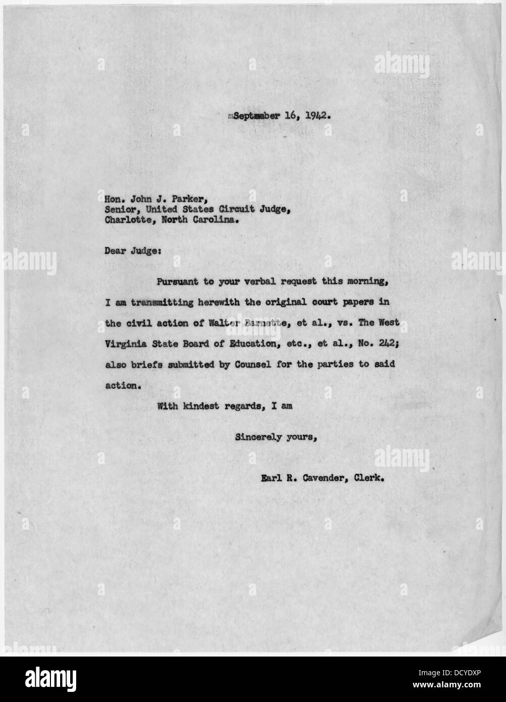 Ein Brief des ehrenwerten John J. Parker, eingereicht im Fall Barnette, in dem er rechtliche Aspekte des Falles behandelt, eine bedeutende Rechtssache in der US-Geschichte. Stockfoto