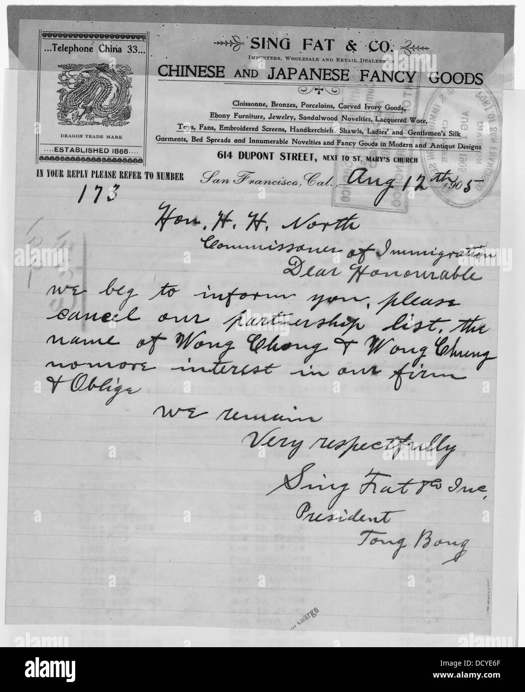 Brief an Sing Fett Co. stationäre H.H. Norden, Kommissar der Einwanderung, San Francisco--296498 Stockfoto