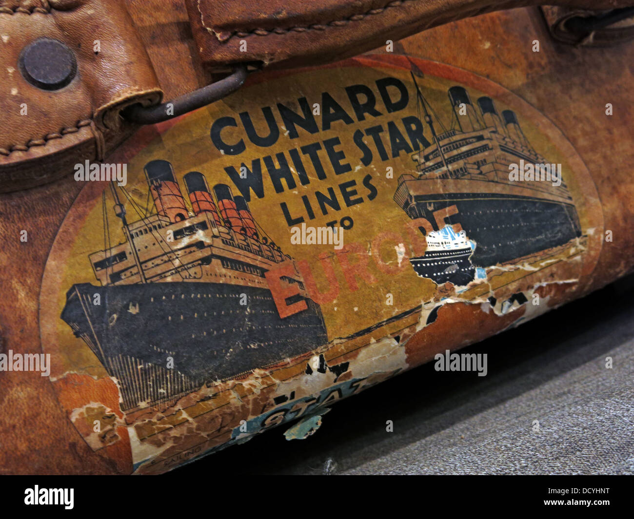 Cunard White Star Lines, Etiketten für Gepäck und altes Gepäck, Koffer, Liverpool, England, Großbritannien Stockfoto
