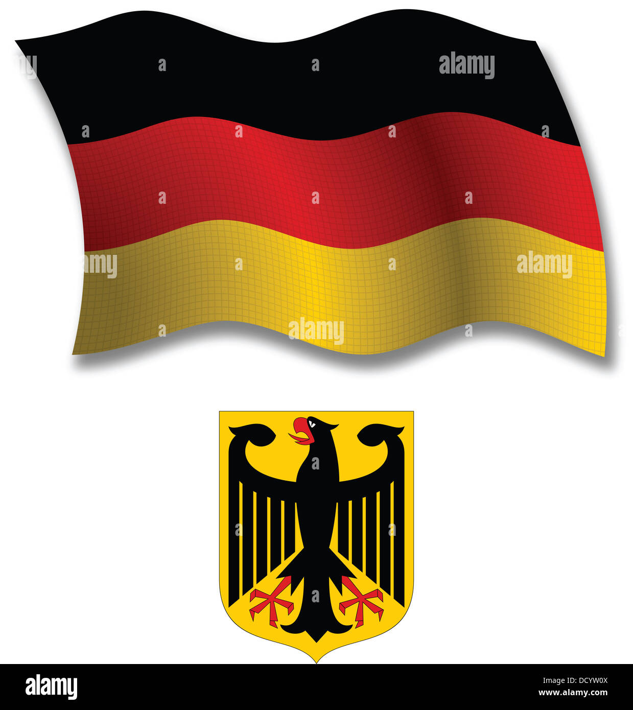 Deutschland im Schatten texturiert, gewellte Fahne und Wappen vor weißem Hintergrund, Vektor-Illustration Kunst Stockfoto