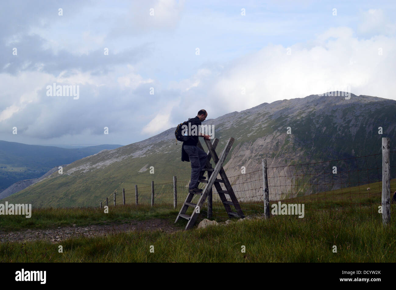 Mann Klettern Holzleiter Stile auf Höhenweg mit Elidir Fawr im Hintergrund in Snowdonia-Nationalpark Stockfoto