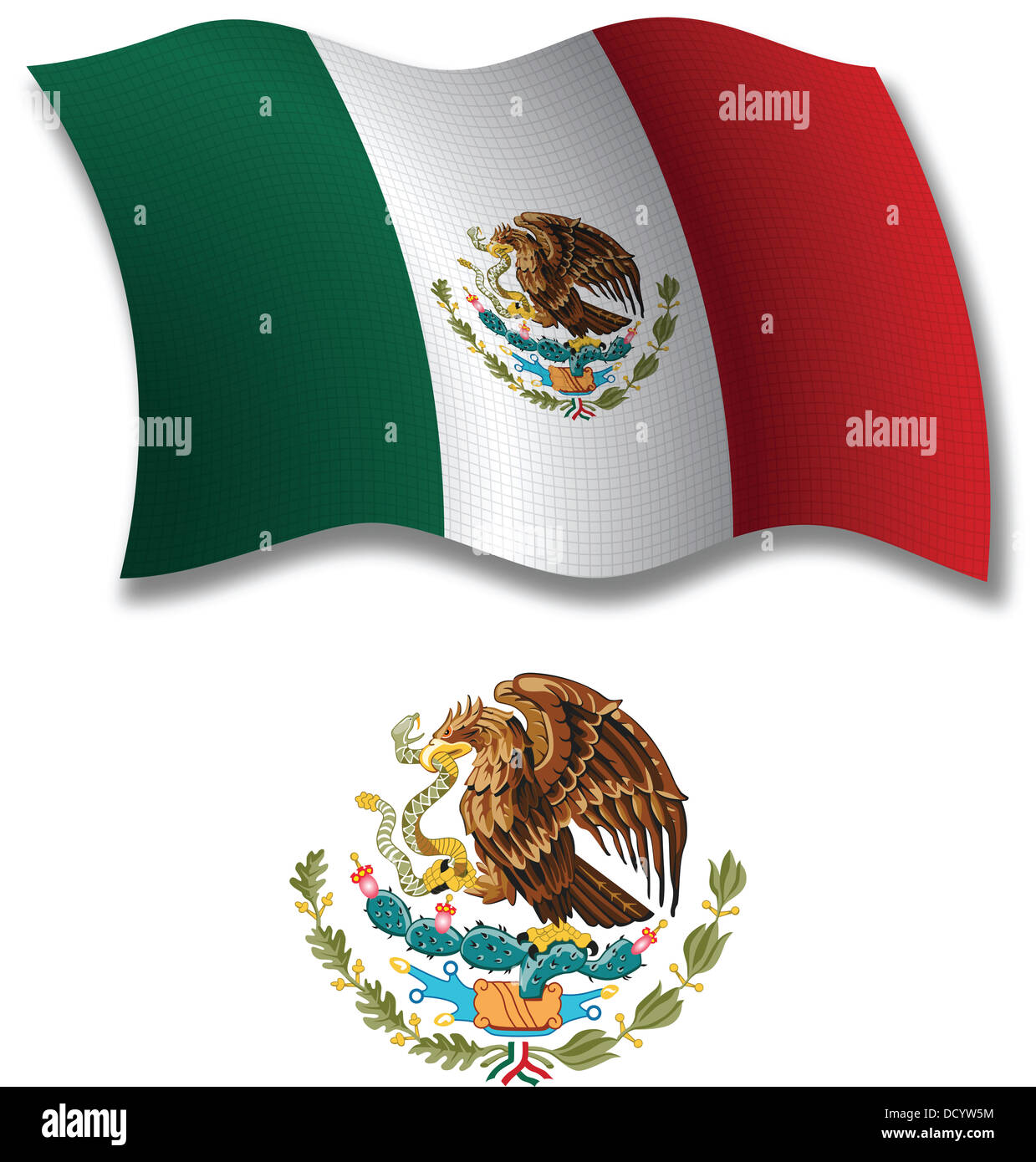 Mexiko beschattet strukturierte wellig Flagge und Wappen gegen weiß, Vektor-Illustration Kunst, enthält Bild Transparenz Stockfoto