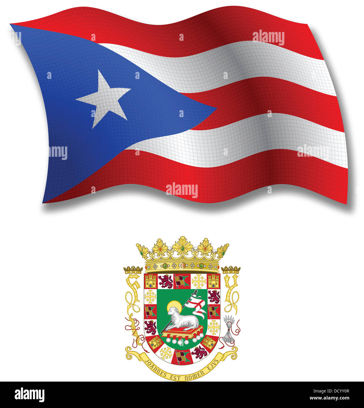 Puerto Rico beschattet texturiert, gewellte Fahne und Wappen vor weißem Hintergrund, Vektor-Illustration Kunst Stockfoto