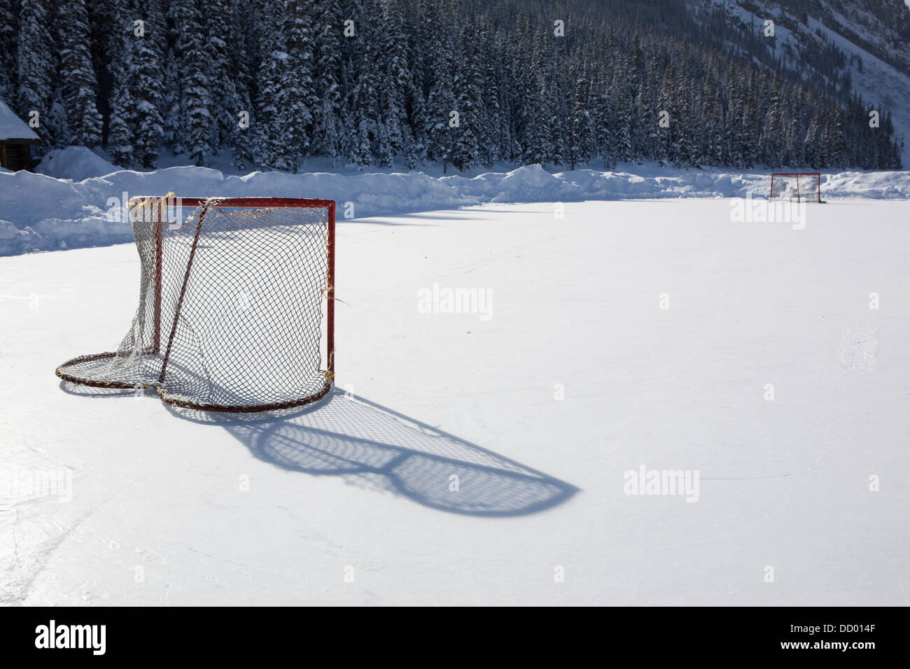 Eishockey Net auf Outdoor-Eisbahn; Lake Louise, Alberta, Kanada Stockfoto