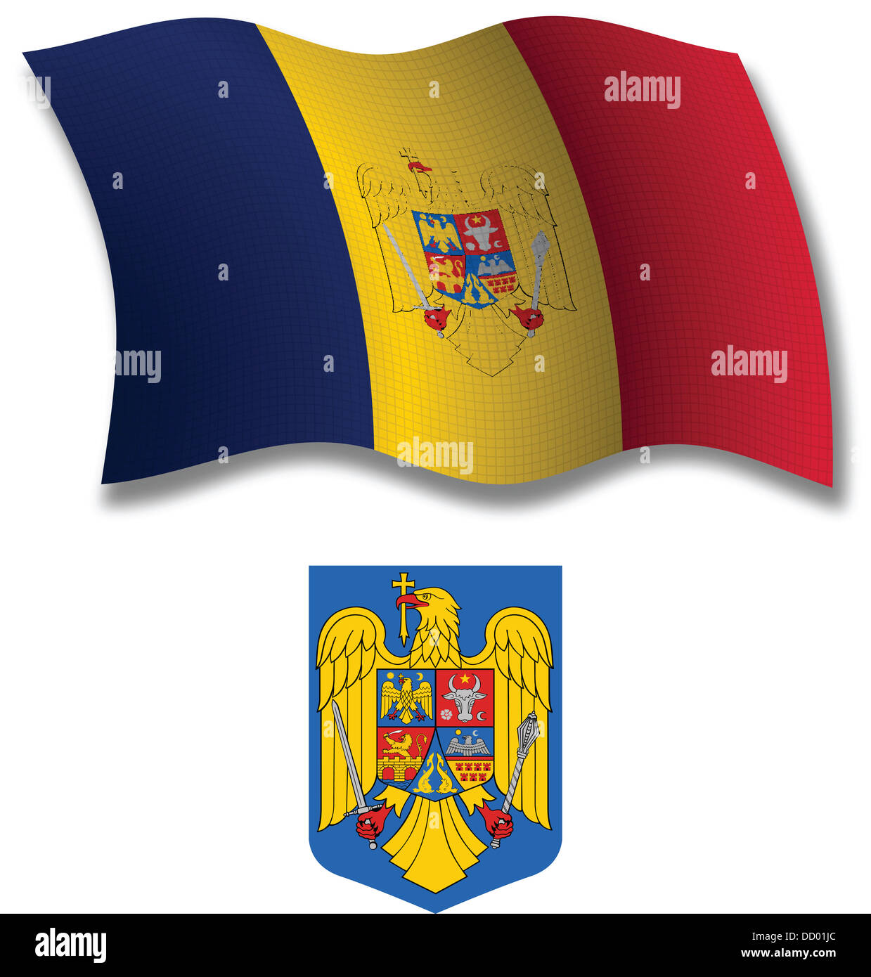 Rumänien beschattet texturiert, gewellte Fahne und Wappen vor weißem Hintergrund, Vektor-Illustration Kunst Stockfoto