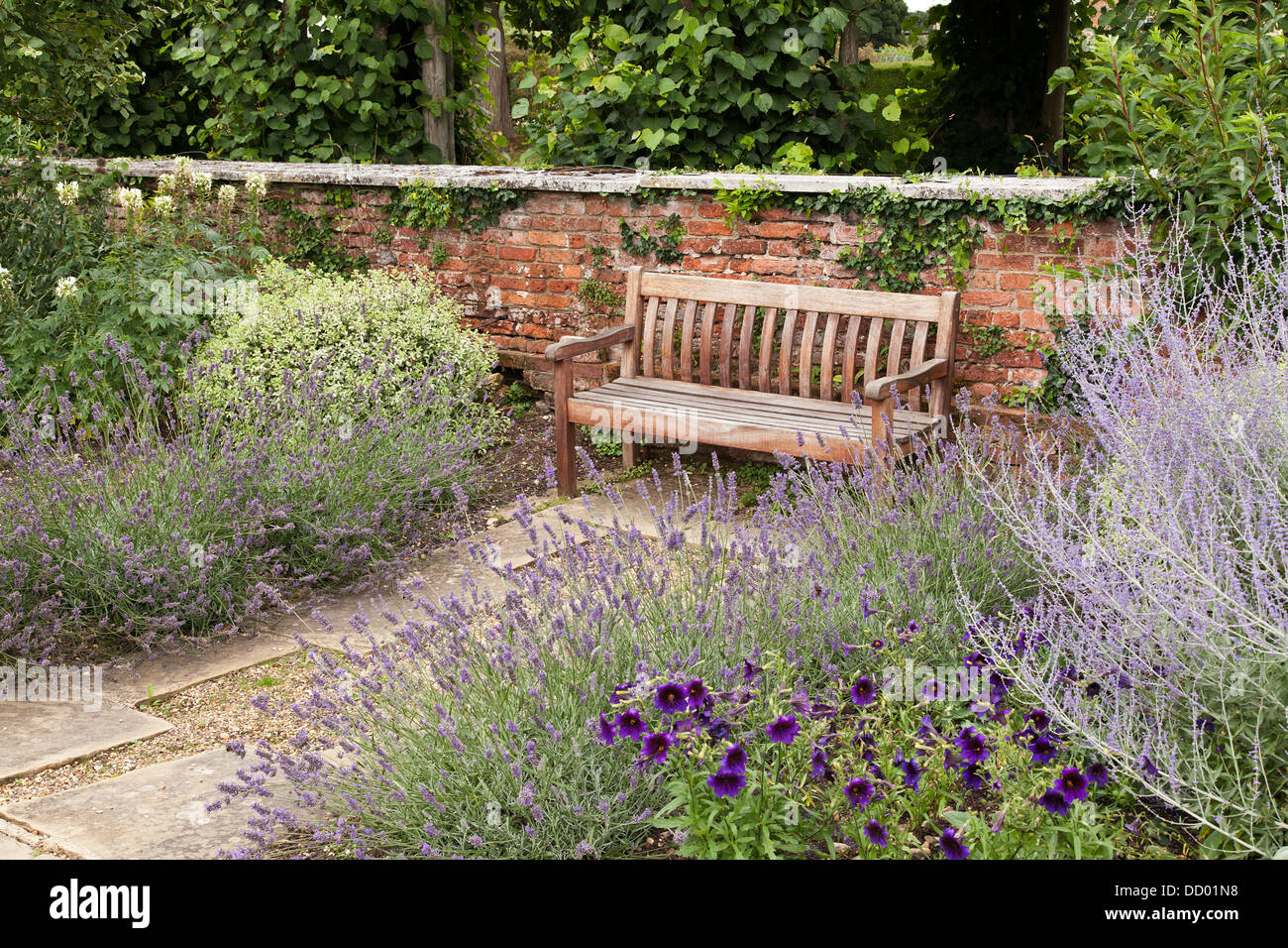 Sitzbank aus Holz im Garten, umgeben von Blumen Stockfoto