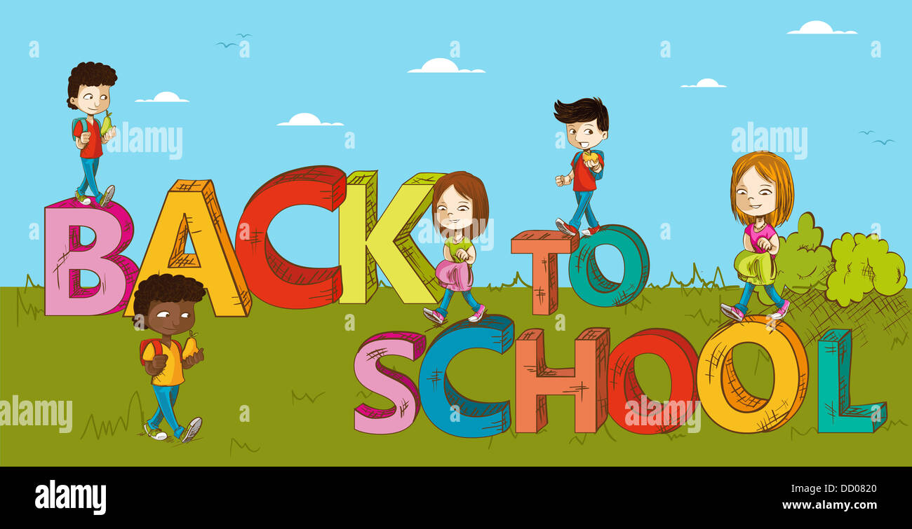 Zurück zu Schule Text Cartoon Kinder zu Fuß zur Schule Bildung Illustration. Vektor geschichteten leicht individualisierbar. Stockfoto