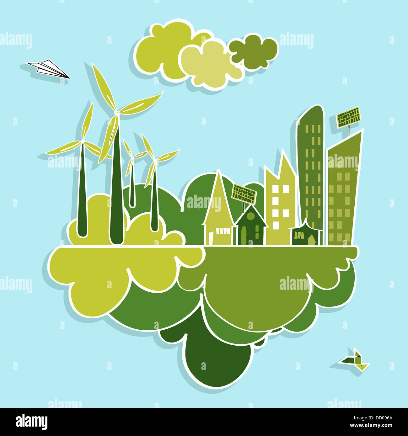 Eco freundliche grüne Stadtbäume, Gebäude, Häuser, Windkraftanlagen und grüne Wolken Illustration. Vektor für die einfache Bearbeitung geschichtet. Stockfoto