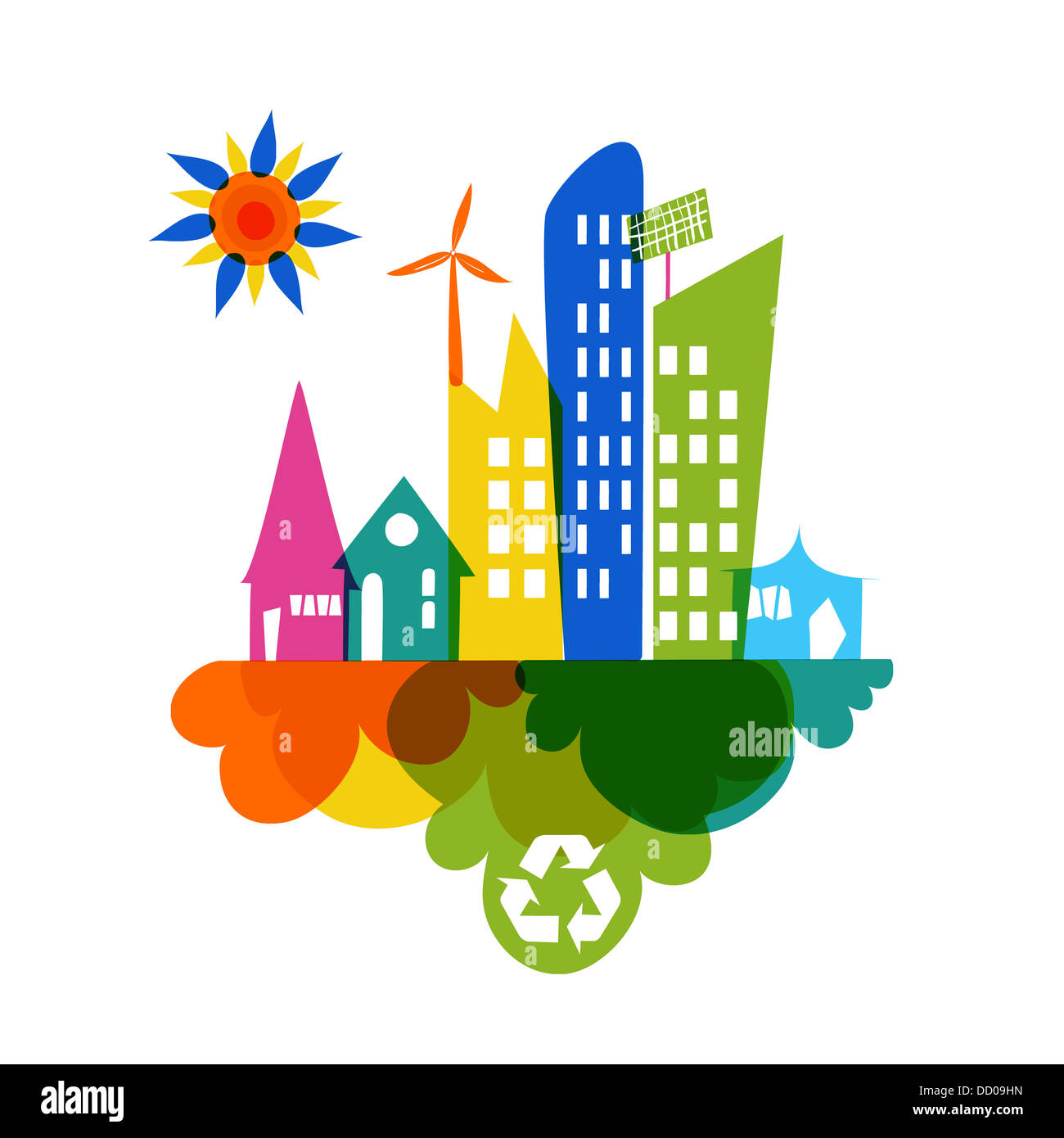 Grüne bunte Stadt zu gehen. Nachhaltige Entwicklung mit Umweltschutz Hintergrund Illustration. Vektor-Datei für die einfache Bearbeitung geschichtet Stockfoto