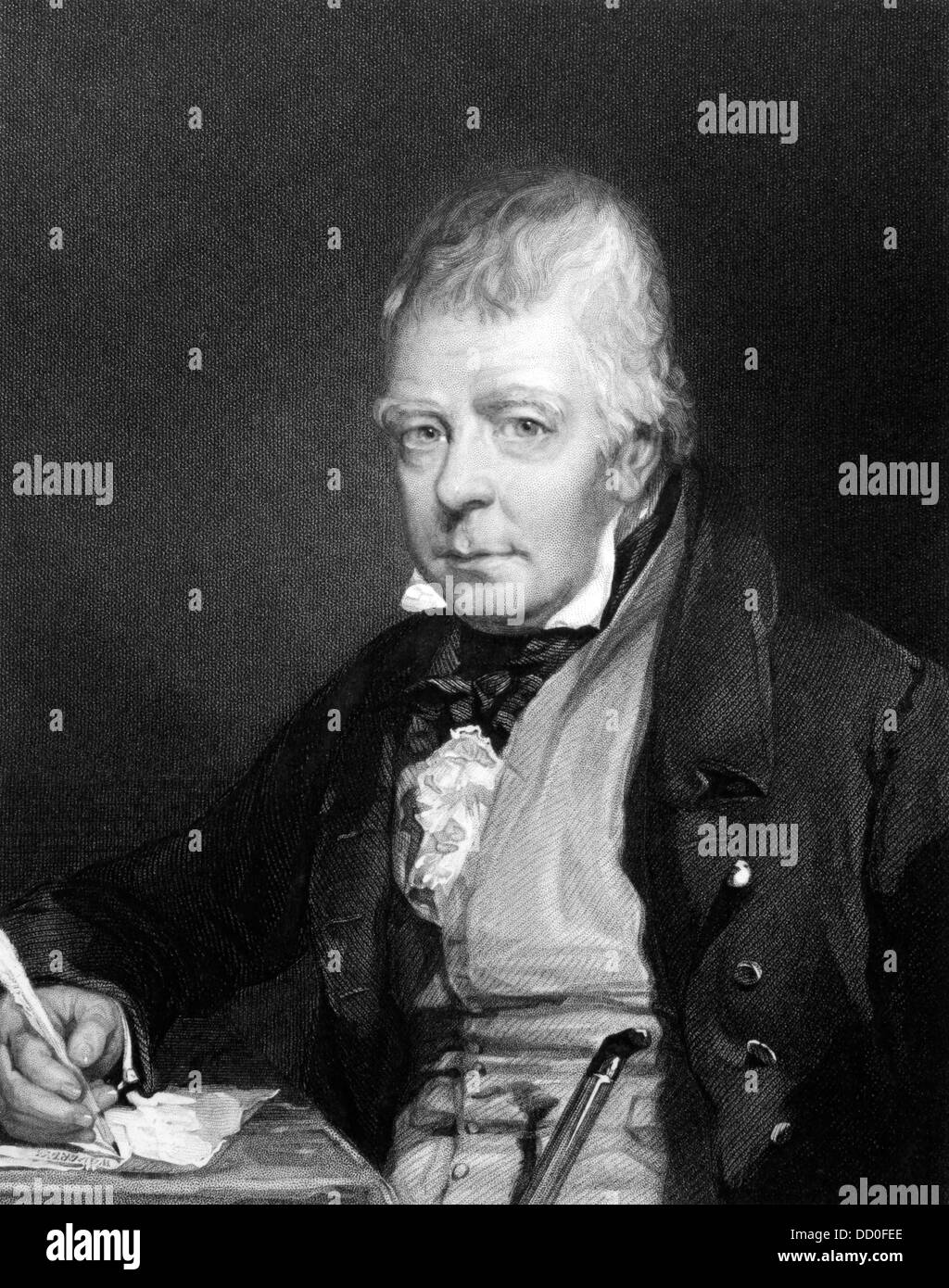 Walter Scott (1771-1832) auf Gravur von 1834. Schottischer historischer Schriftsteller, Dramatiker und Dichter. Stockfoto