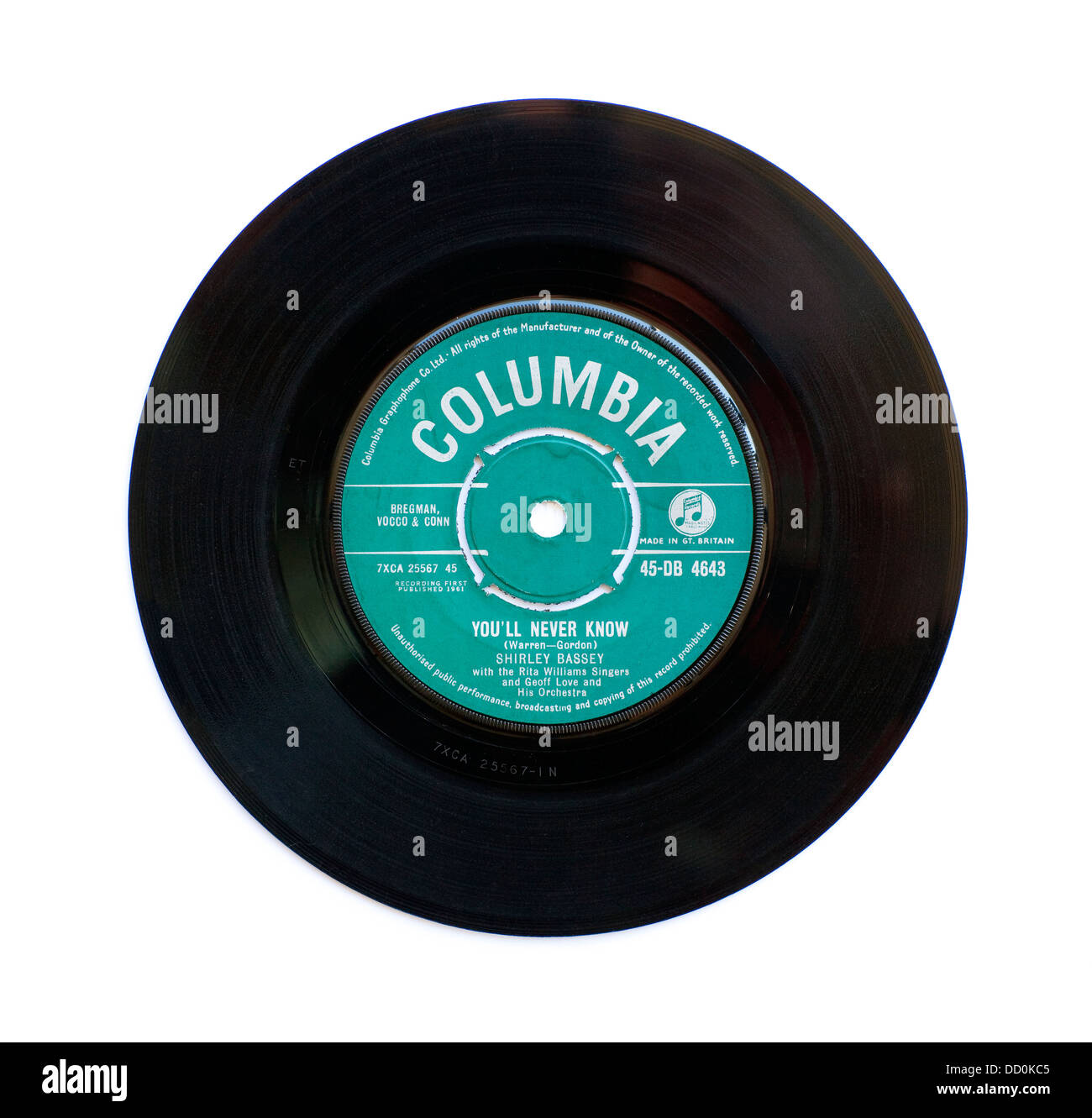 Shirley Bassey - wirst du nie wissen, 1961 7' Single auf Kolumbien Aufzeichnungen Stockfoto