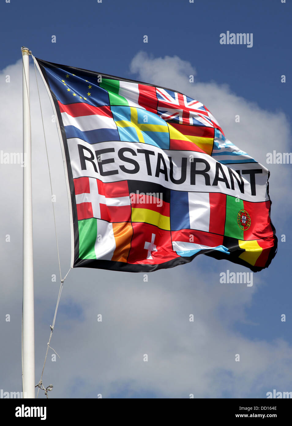 Restaurant-Flagge. Restaurant banner.blue Himmel. Europäischen flag.EU. Europa. Stockfoto