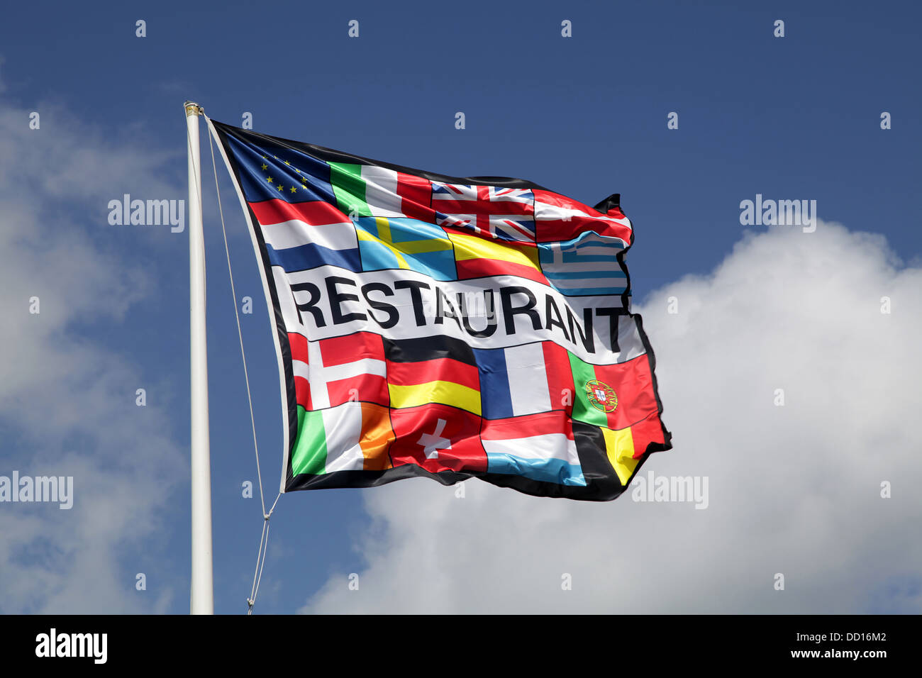 Restaurant-Flagge. Restaurant banner.blue Himmel. Europäischen flag.EU. Europa. Stockfoto