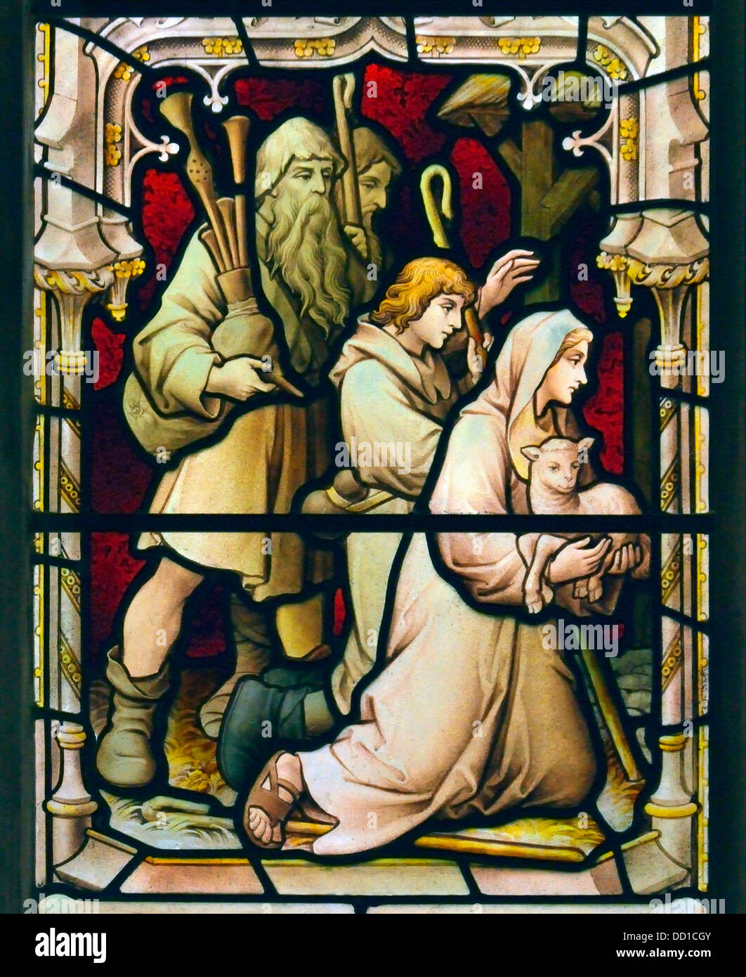Die Geburt Christi, Detail der Ostfenster. Kirche des Heiligen Petrus und Paulus. Aldeburgh, Suffolk, England, Vereinigtes Königreich, Europa. Stockfoto