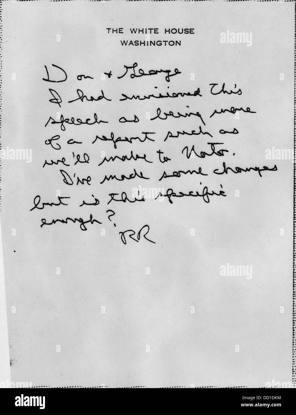 Dies ist eine Notiz von Präsident Ronald Reagan zu seiner Rede auf einer gemeinsamen Kongresssitzung am 21. November 1985, in der er den Genfer Gipfel erörterte. Im Mittelpunkt des Gipfels standen die Beziehungen zwischen den USA und der Sowjetunion und die Diskussionen über die Rüstungskontrolle. Stockfoto