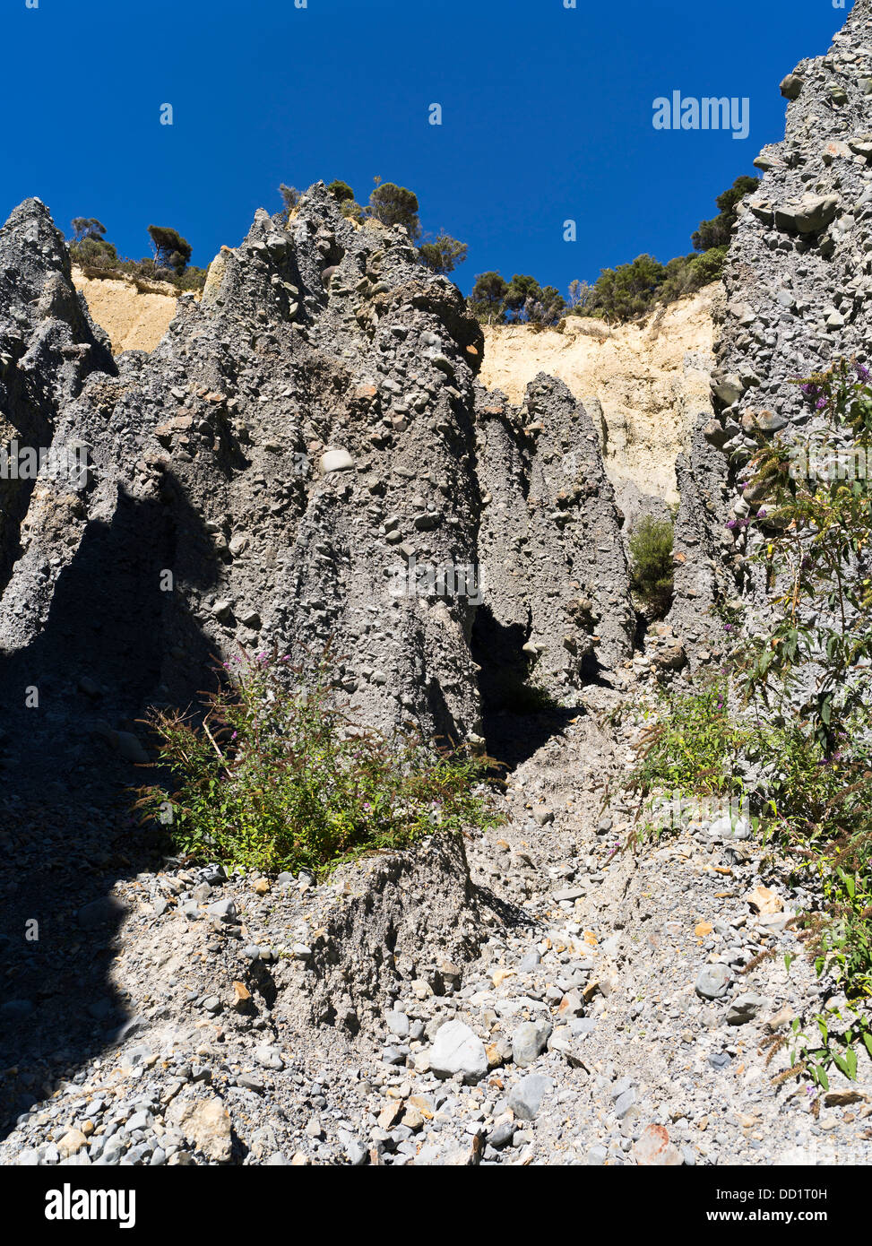 dh Putangirua Pinnacles WAIRARAPA NEUSEELAND Geologische Gesteinsformation Erdsäulen Aorangi Ranges Talgeologie Erosionssäule Stockfoto