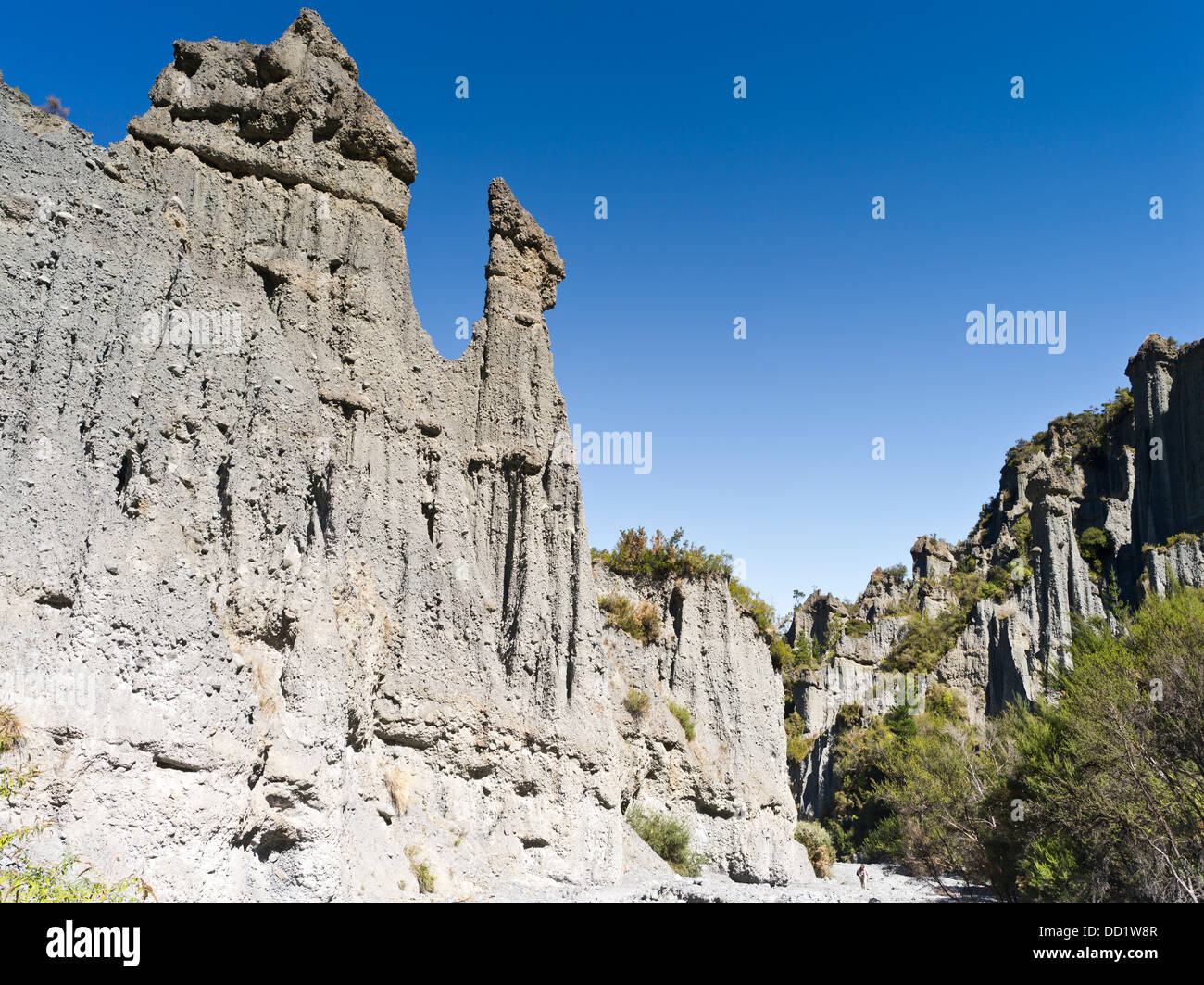 dh Putangirua Pinnacles WAIRARAPA Neuseeland Frau touristischen geologischen Rock Formation Erde Säulen Aorangi reicht Tal Stockfoto