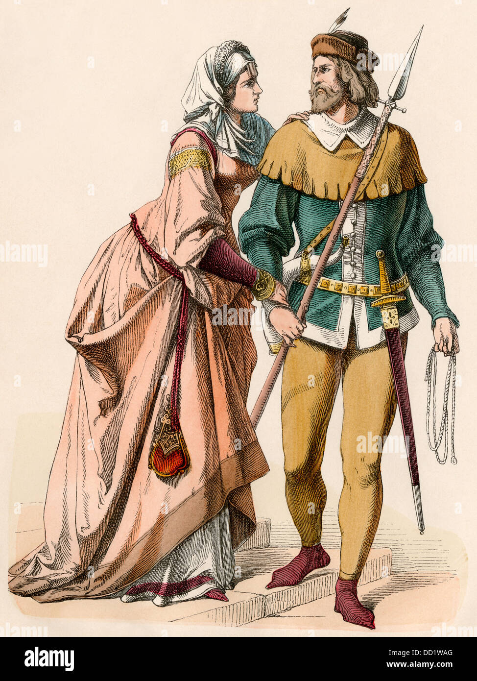 Deutsche Frau und einen Ritter für die Jagd gekleidet, um 1300. Hand-farbig drucken Stockfoto