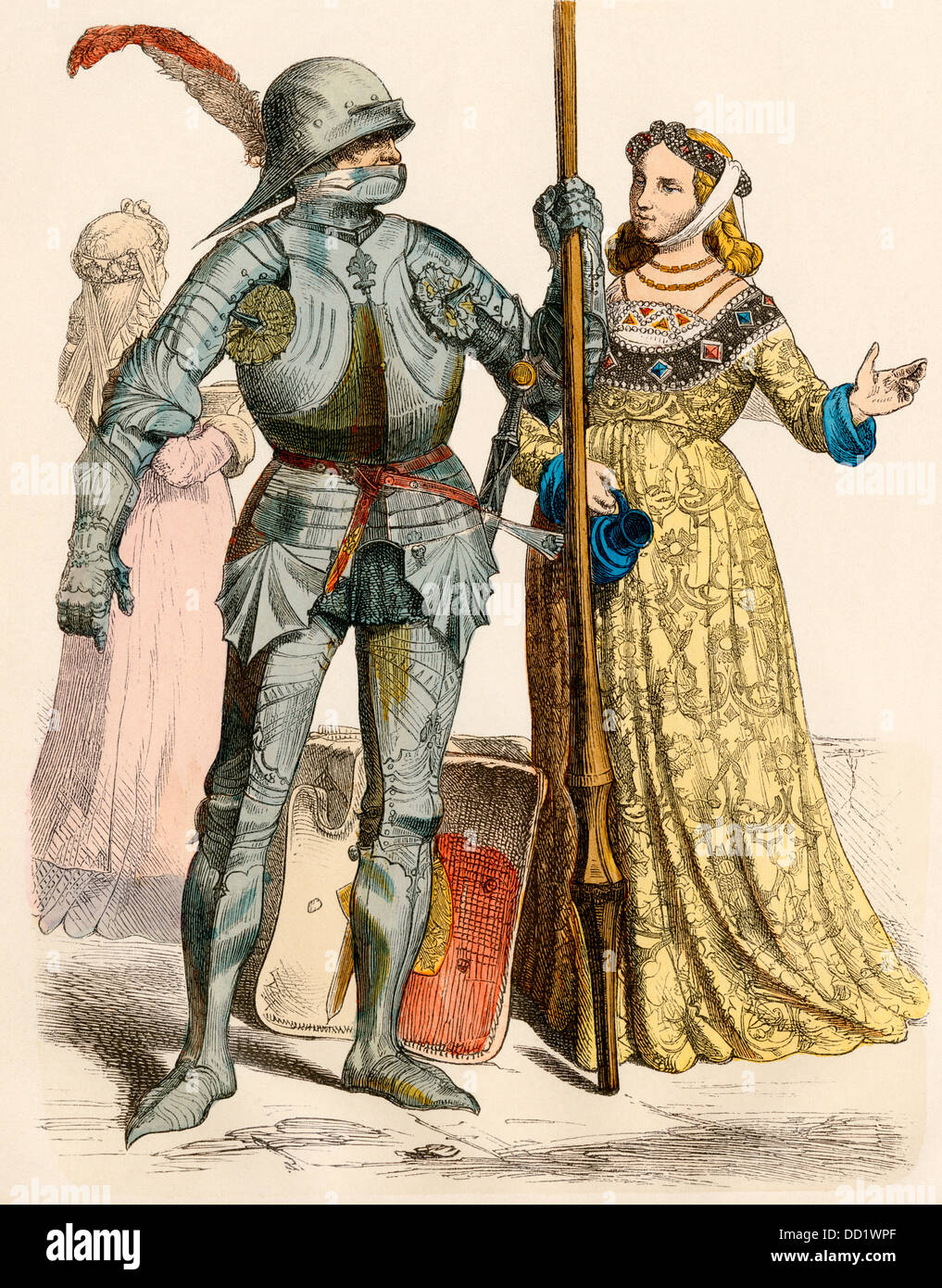 Deutsche Ritter in Rüstung und eine Dame, mid-1400s. Hand-farbig drucken Stockfoto