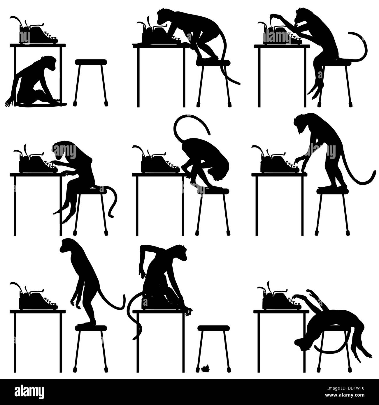 Reihe von illustrierten Silhouetten von Affen und Schreibmaschinen Stockfoto