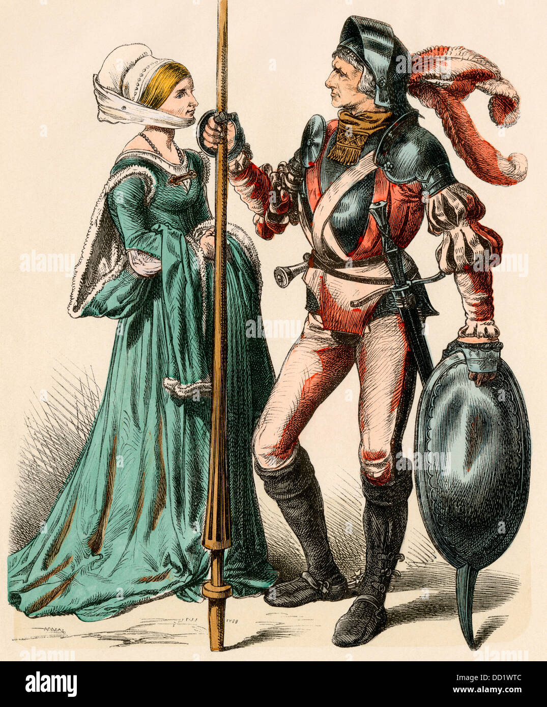 Deutsche Frau und der Mann in Rüstung tragen der frühen 1500er Jahre. Hand-farbig drucken Stockfoto