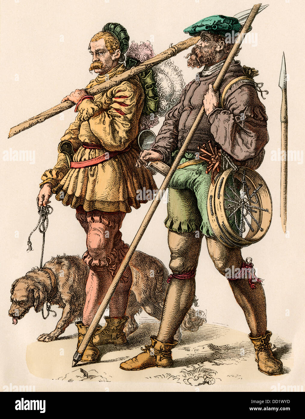 Jäger mit snowstaffs im Deutschen Bergen, 1500. Hand-farbig drucken Stockfoto