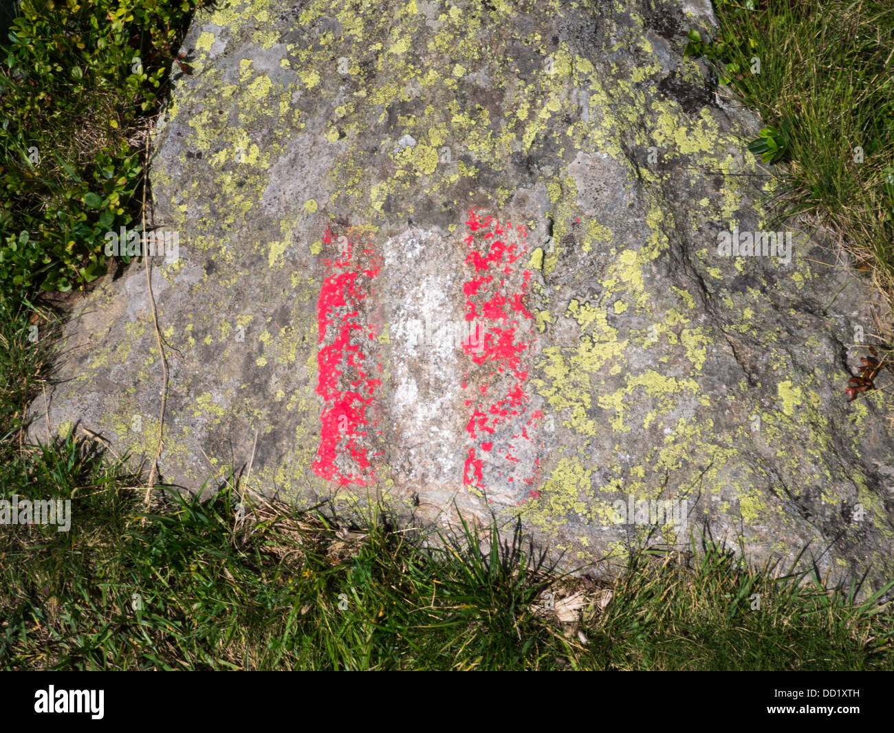Ein rot-weiß lackiert Kennzeichnung auf einem bemoosten Felsen auf einem Pfad in der Nähe von Innsbruck, Österreich Stockfoto