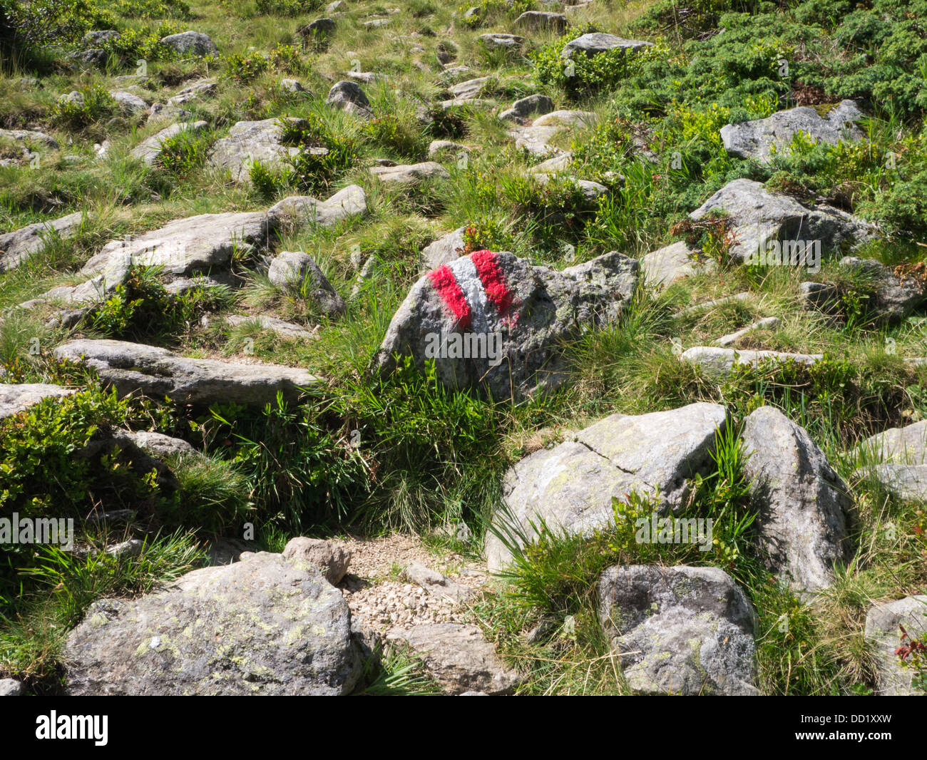 Ein roter-weißer bemalter Stein markiert einen Wanderweg in den Bergen in der Nähe von Innsbruck, Österreich Stockfoto