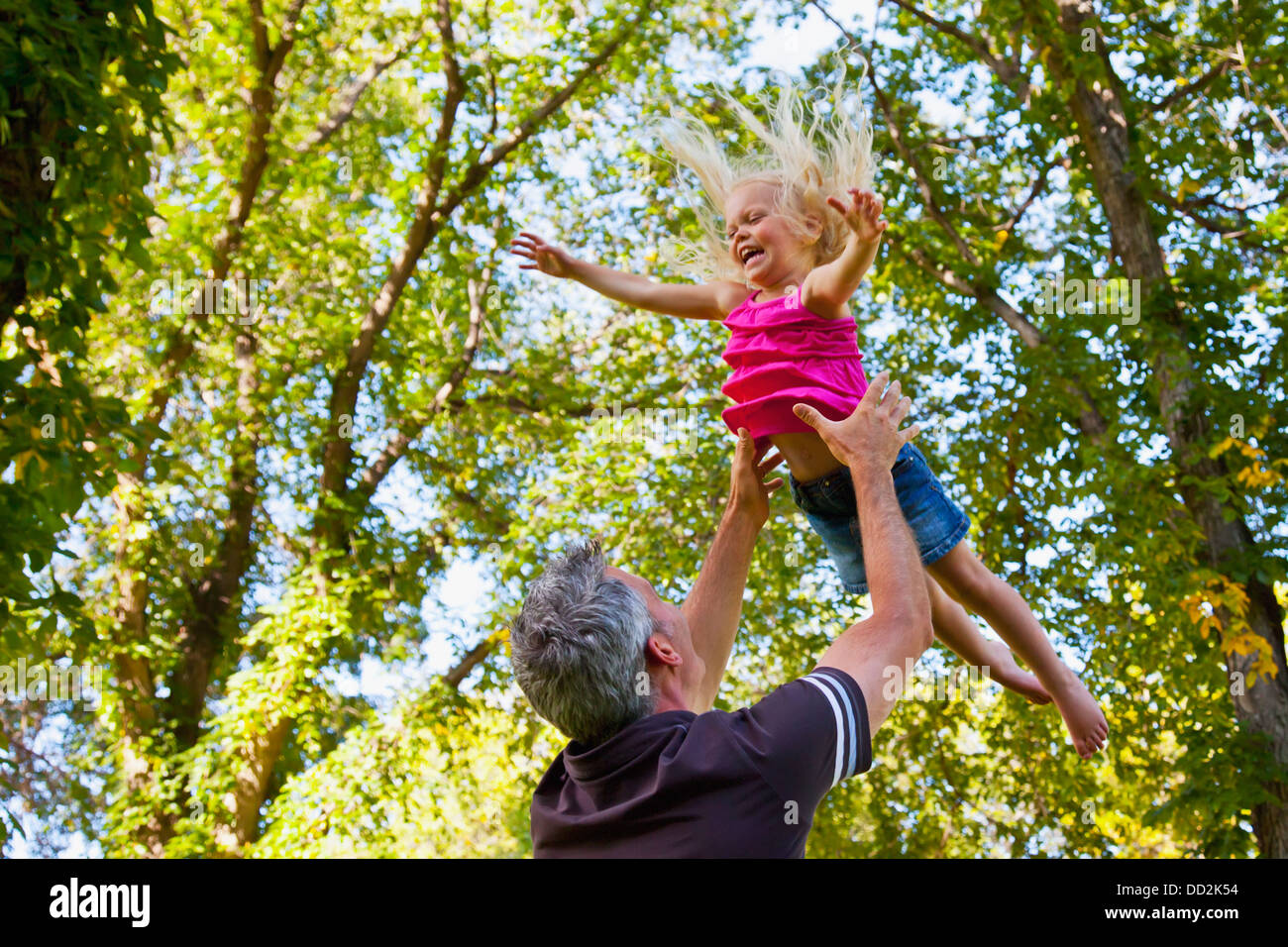 Vater wirft Kleinkind Tochter In der Luft In einem Park; Edmonton, Alberta, Kanada Stockfoto