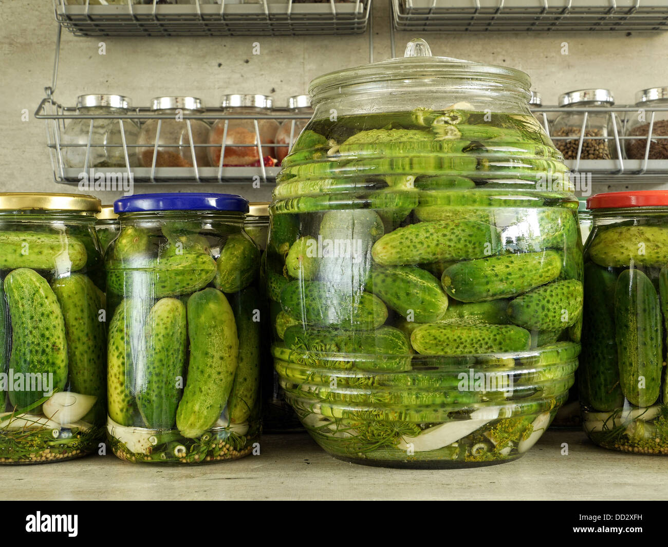 Grüne Gurken in Gläsern auf Küchenarbeitsplatte Stockfoto