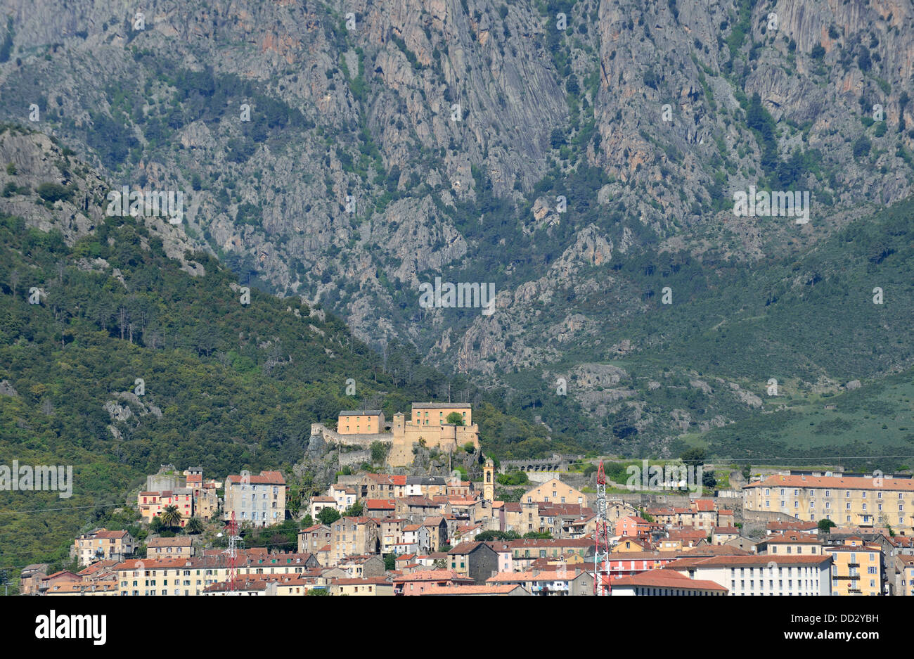 Die Zitadelle und die Stadt Corte, Korsika, Frankreich Stockfotografie