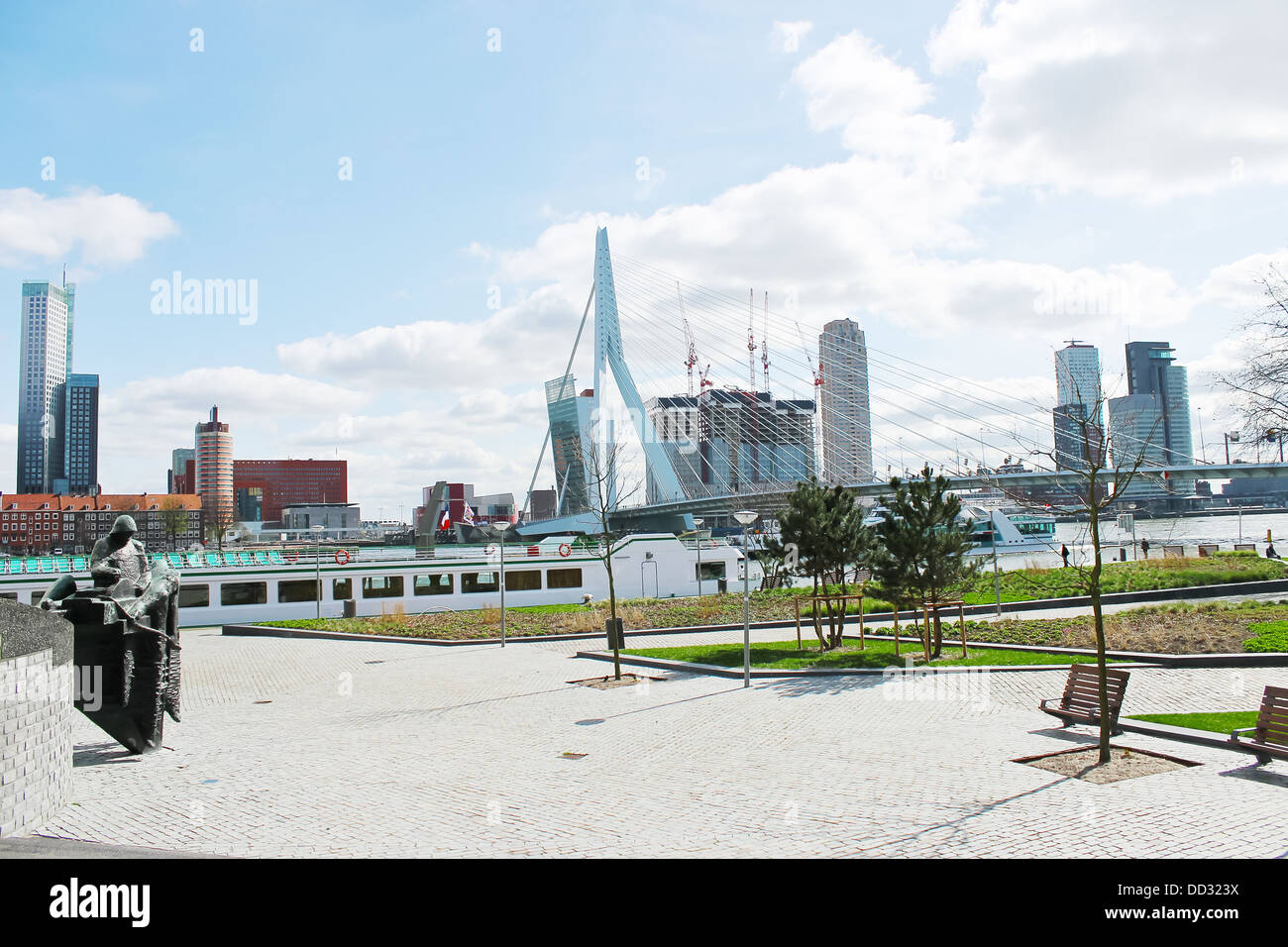 Der Park und der Damm in der Nähe der Brücke Erasmus von Rotterdam. Die Niederlande Stockfoto