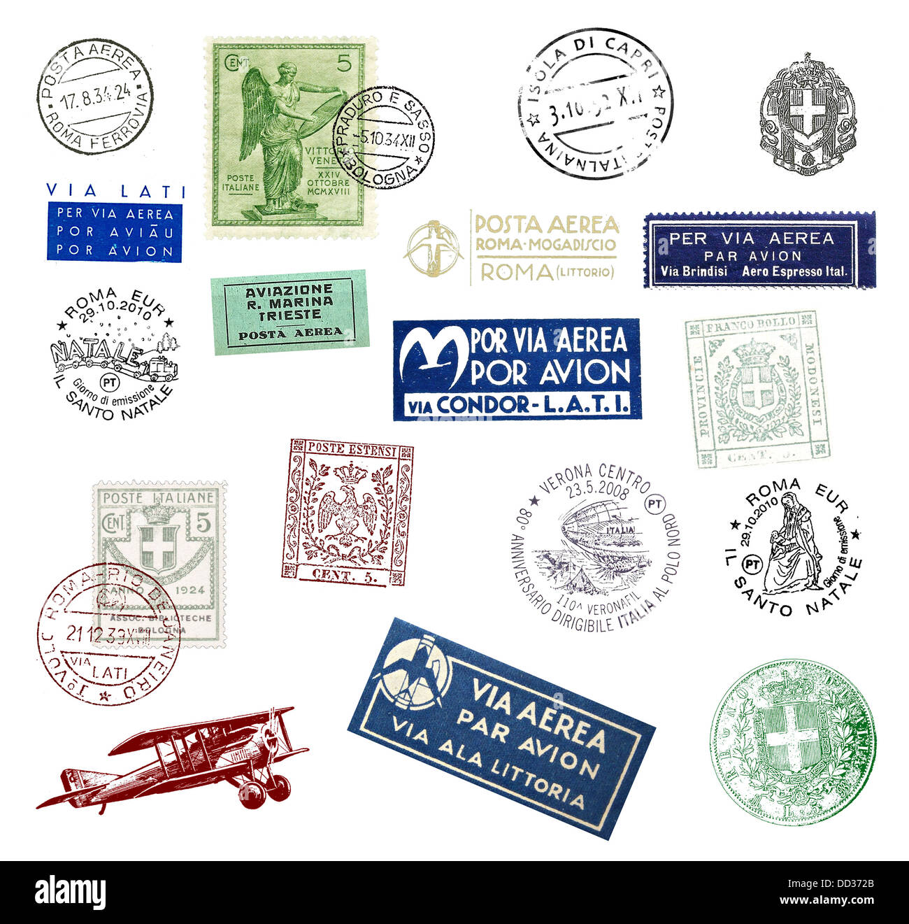 Vintage Briefmarken und Labels aus Italien zeigt Flugpost Motive und nationale Symbole Stockfoto