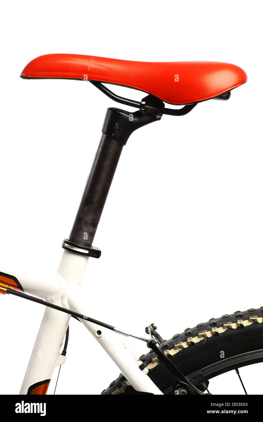Farbdetails der roten Sattel eines Fahrrades Stockfoto