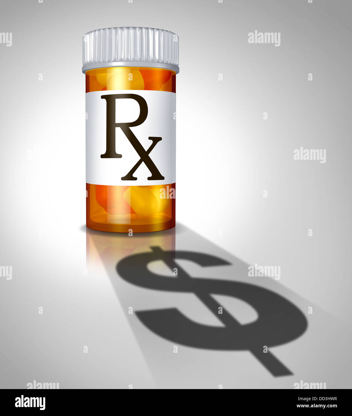 Medizin Business Konzept und verschreibungspflichtige Medikamente Kosten mit einer Apotheke Pille Flasche wirft einen Schatten, geformt wie ein Dollar-Zeichen als Symbol der Gesundheitsausgaben ärztlich verordnet. Stockfoto