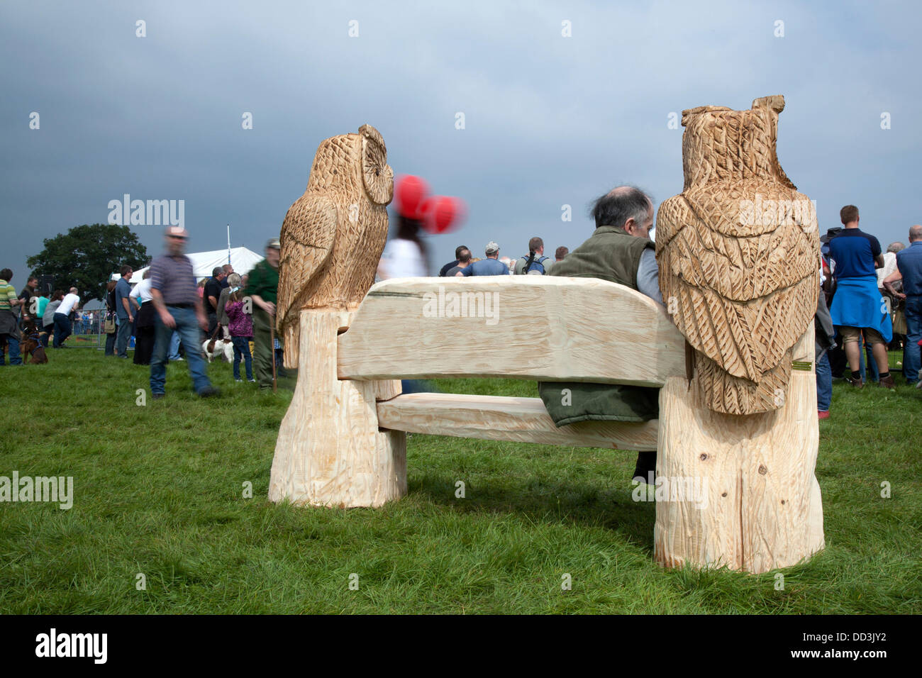 Cheshire Spiel & Country Fair, UK, 24.August bis 26.August 2013. Kettensäge geschnitzt Eulen; Kunst Figuren auf dem 6 Tabley Cheshire Spiel&Country Messe statt die Showground, Tabley, Knutsford, Cheshire, UK. Ein Ereignis, das zieht Hunderte von Ausstellern, renommierten Meisterschaften und Wettbewerbe und Besucher aus dem ganzen Vereinigten Königreich. Holz Skulptur, Sägemehl, Bildhauer, Holz, Späne, Log, professionell, arbeiten, Kunst, Künstler, Ausschneiden, Kettensäge, Kunstwerke aus grobem Holz Log gemacht. Stockfoto