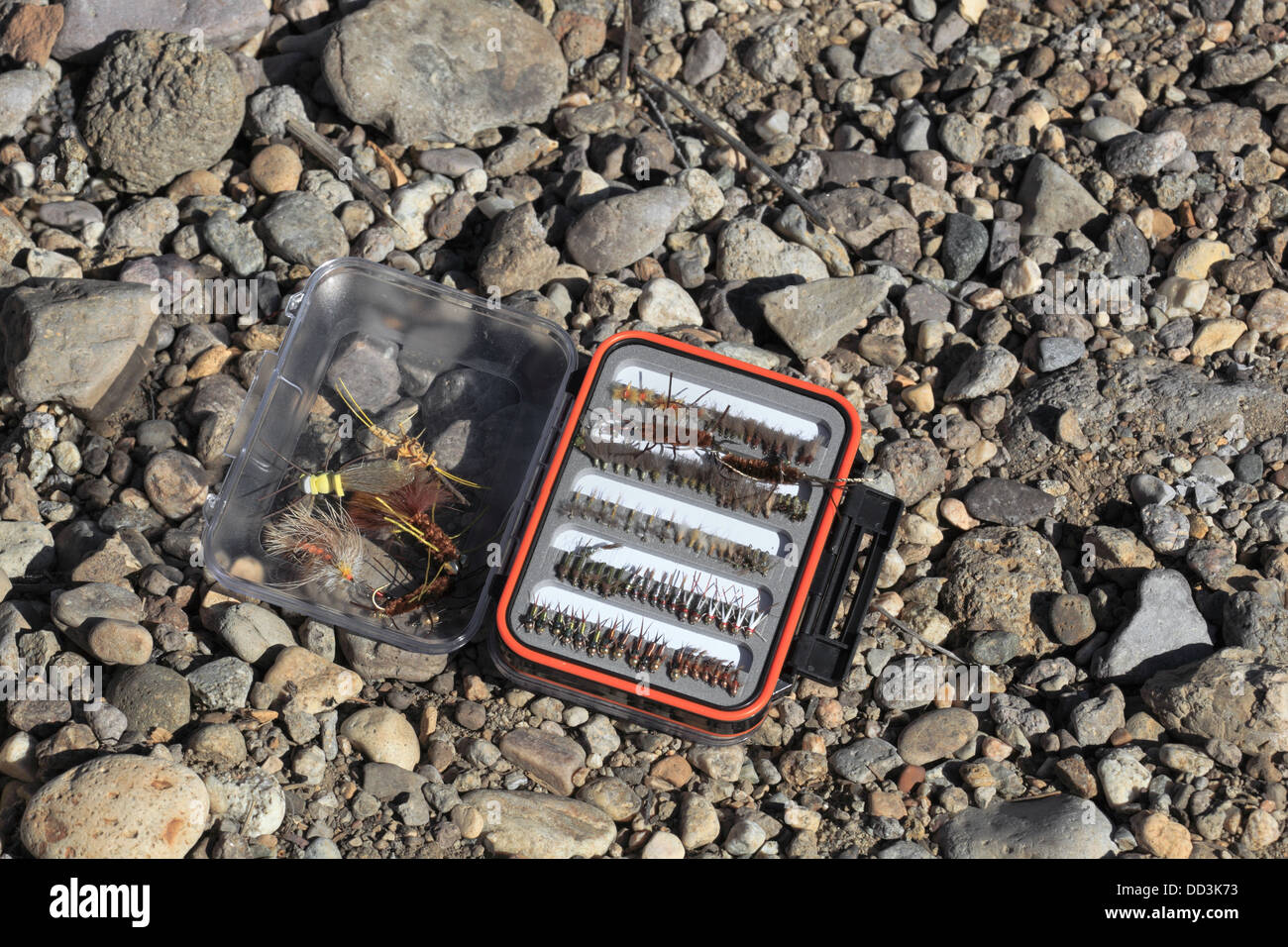 Schachtel mit fliegen für das Fliegenfischen auf Kiesbett Fishing Creek abgebildet Stockfoto