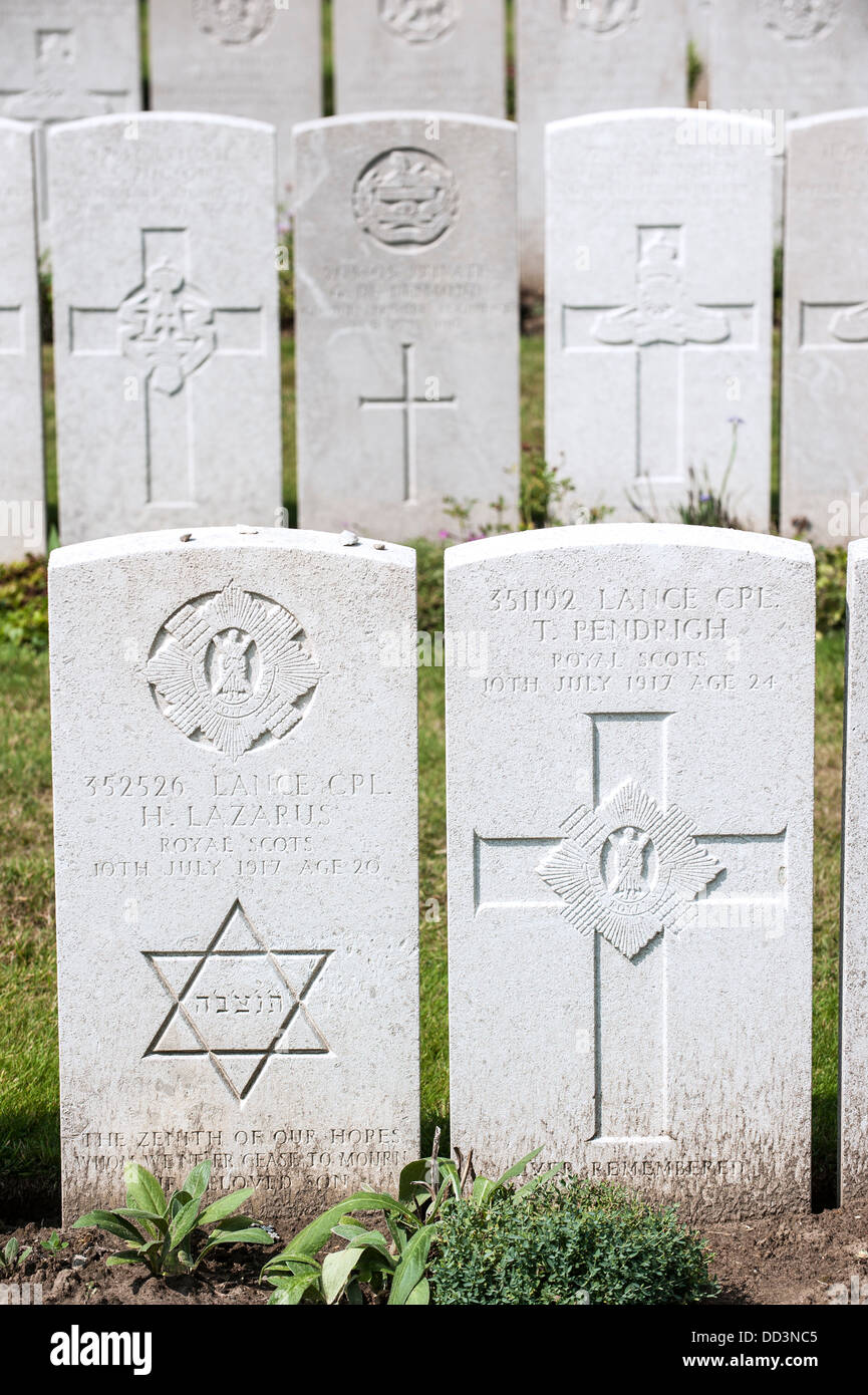 WWI jüdische Grab auf die erste Welt Krieg ein Lijssenthoek Militärfriedhof, Poperinge, West-Flandern, Belgien Stockfoto