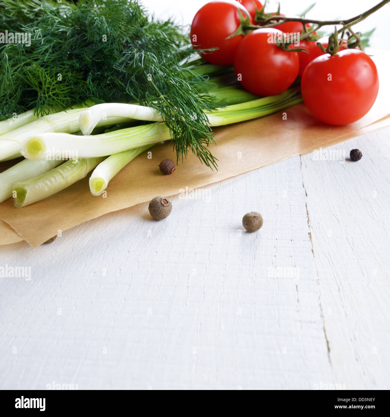 Frische Bio Gemüse Satz von Tomaten-Dill und Zwiebeln auf weißen Küchentisch Stockfoto