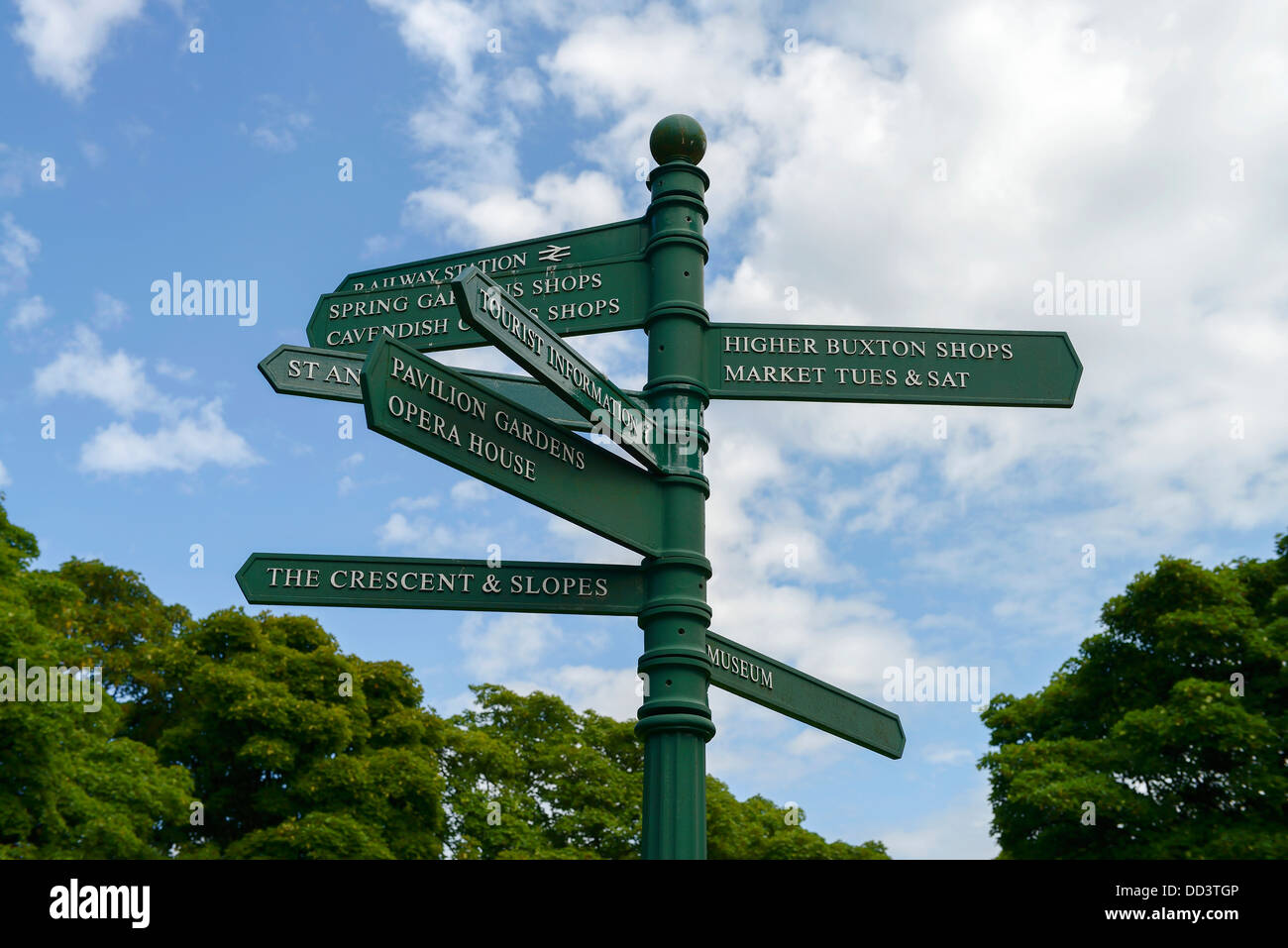 Zeige die touristischen Orte in Buxton Stadt Wegweiser Zentrum UK Stockfoto