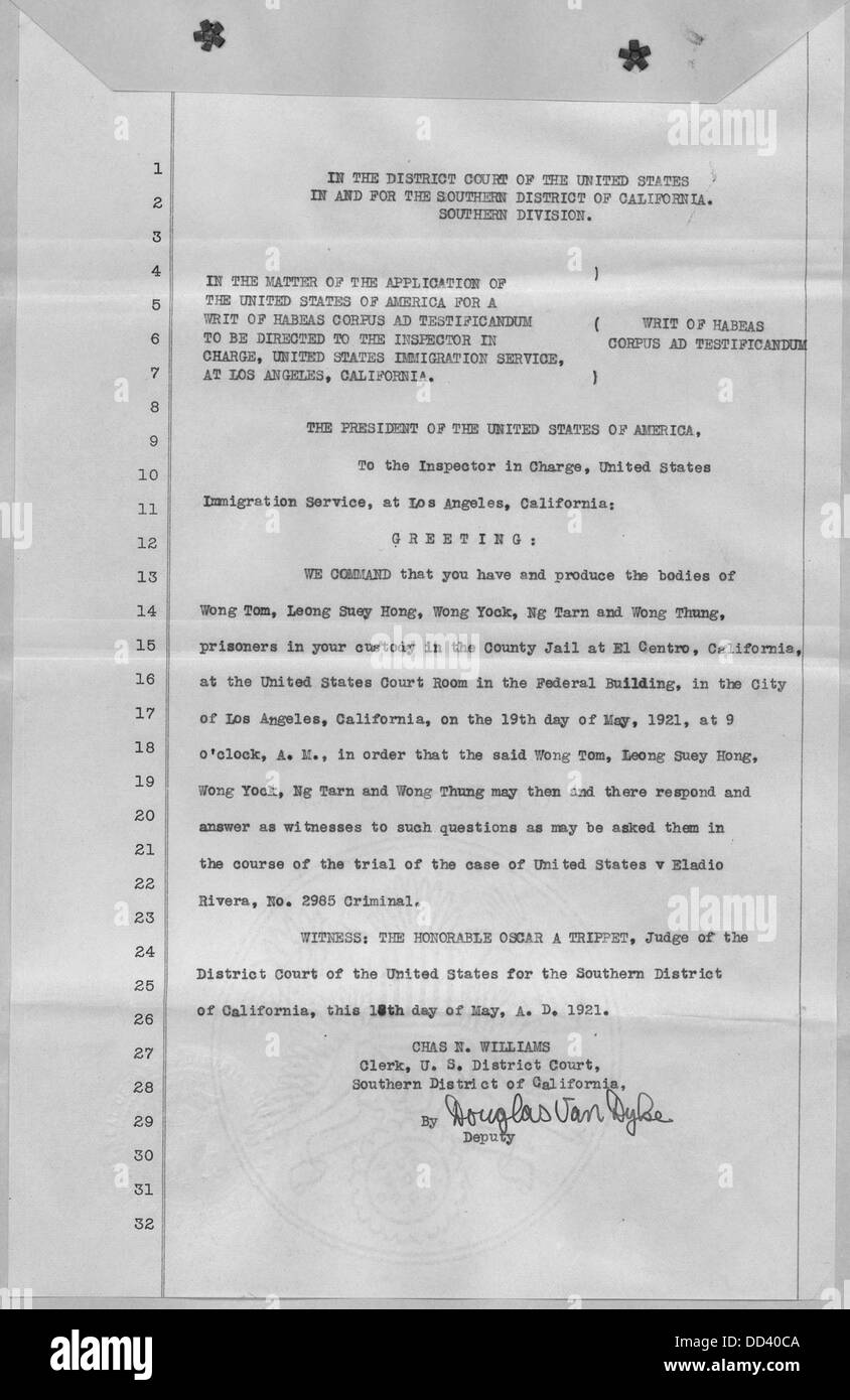 Ein Writ of habeas Corpus ad testificandum ist eine Rechtsordnung, die verlangt, dass eine Person zur Zeugenaussage vor Gericht gebracht wird. Dieser Beschluss stellt sicher, dass Einzelpersonen gezwungen werden können, in Gerichtsverfahren auszusagen. Stockfoto